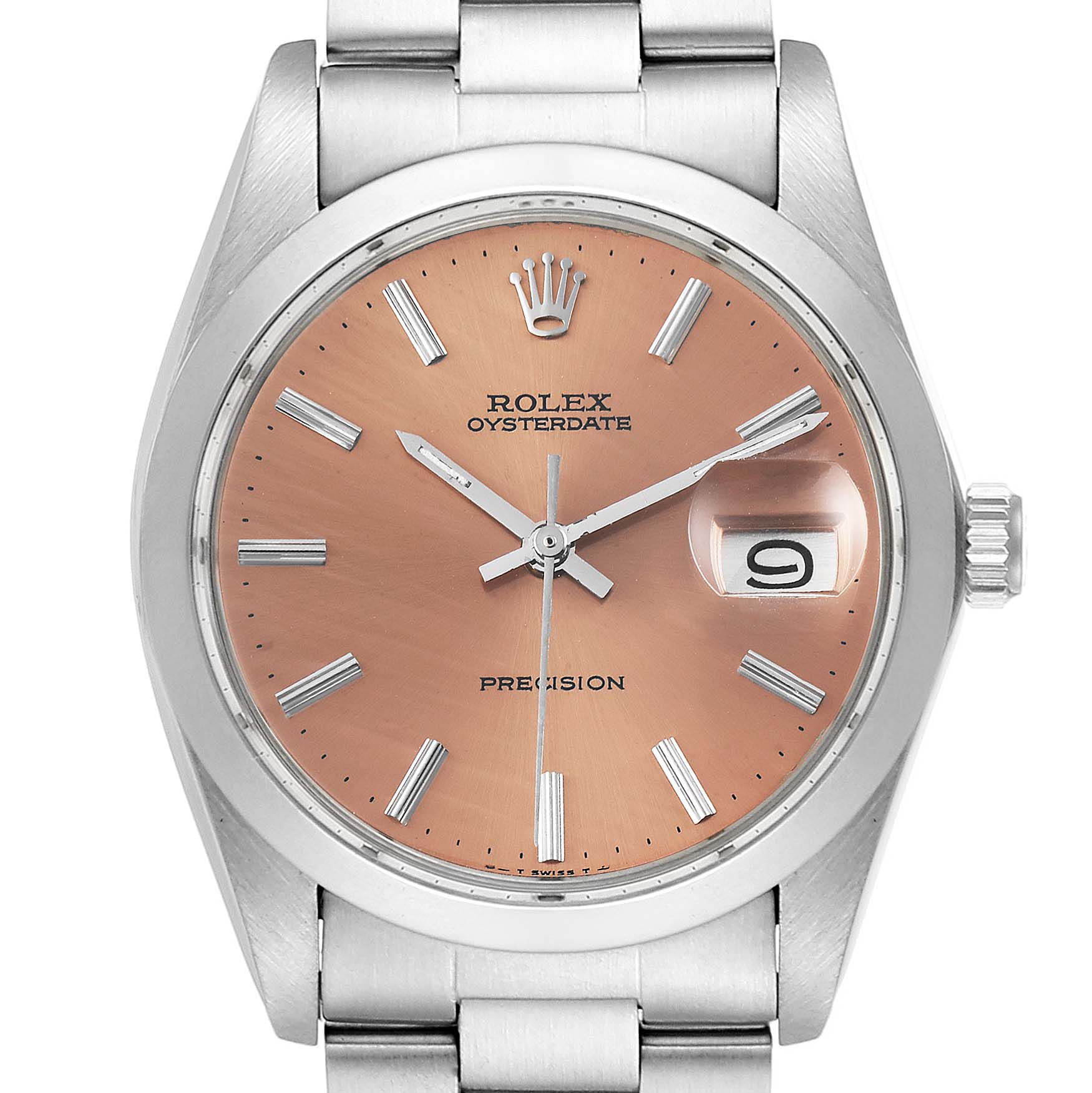 This image shows a front-facing view of the Rolex Vintage Collection 6694 Men's Stainless Steel Brown Dial 6694 Men's Stainless Steel Brown Dial Oysterdate Precision watch with a pink dial.