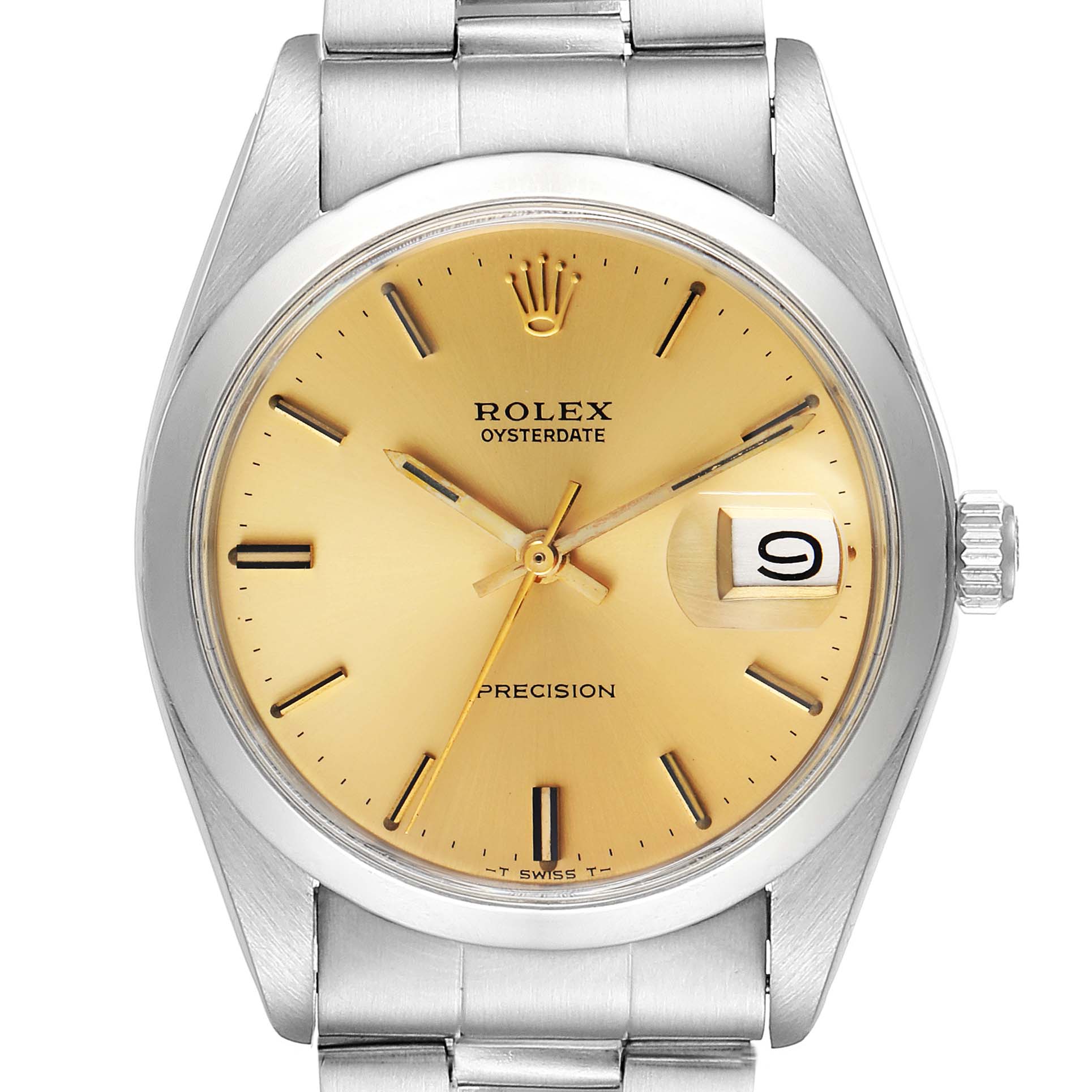 The image shows a front view of the Rolex Vintage Collection 6694 Men's Stainless Steel Champagne Dial 6694 Men's Stainless Steel Champagne Dial watch, highlighting its dial, crown, and date window.