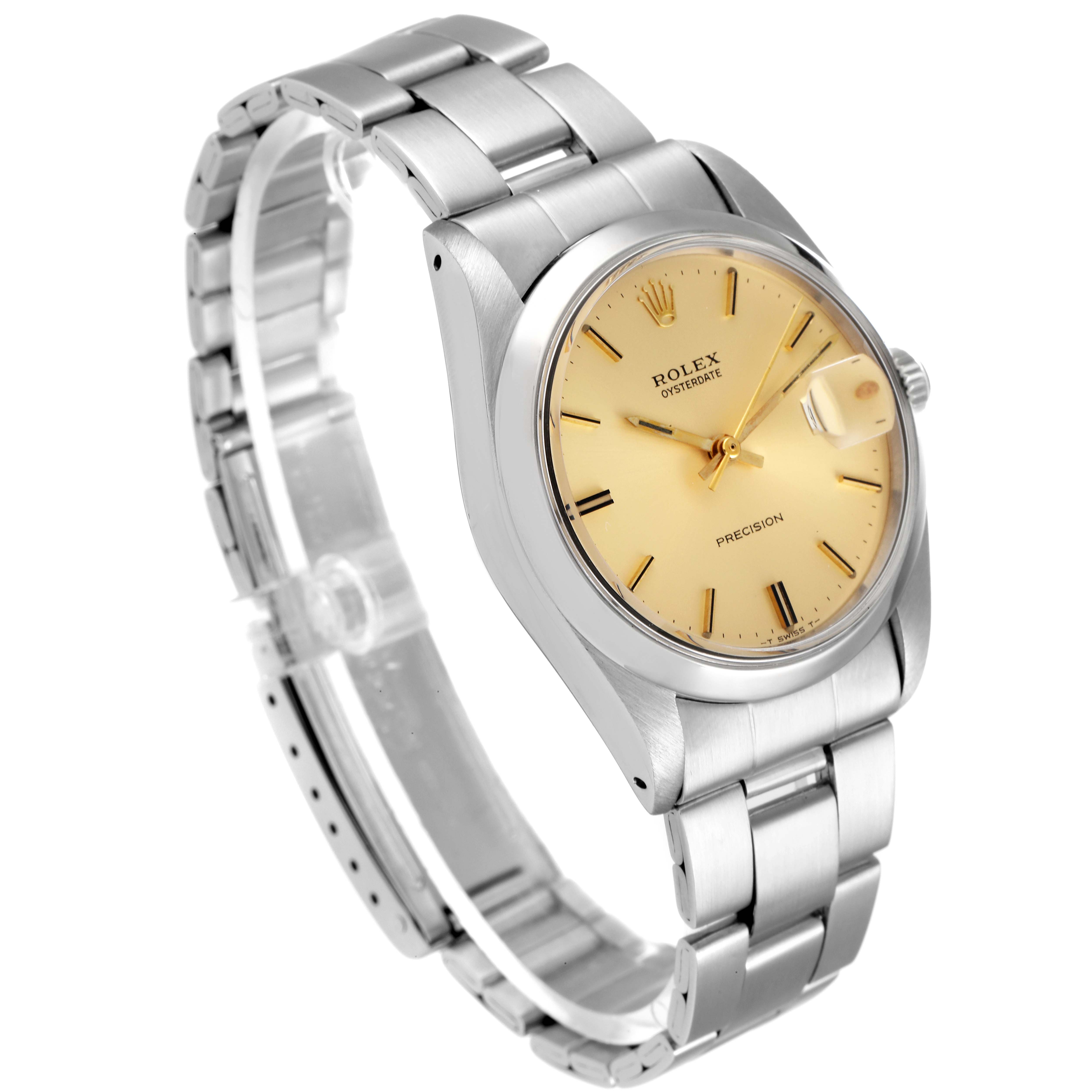 The Rolex Vintage Collection 6694 Men's Stainless Steel Champagne Dial 6694 Men's Stainless Steel Champagne Dial watch is shown from a three-quarter angle, displaying its face, bracelet, and clasp.