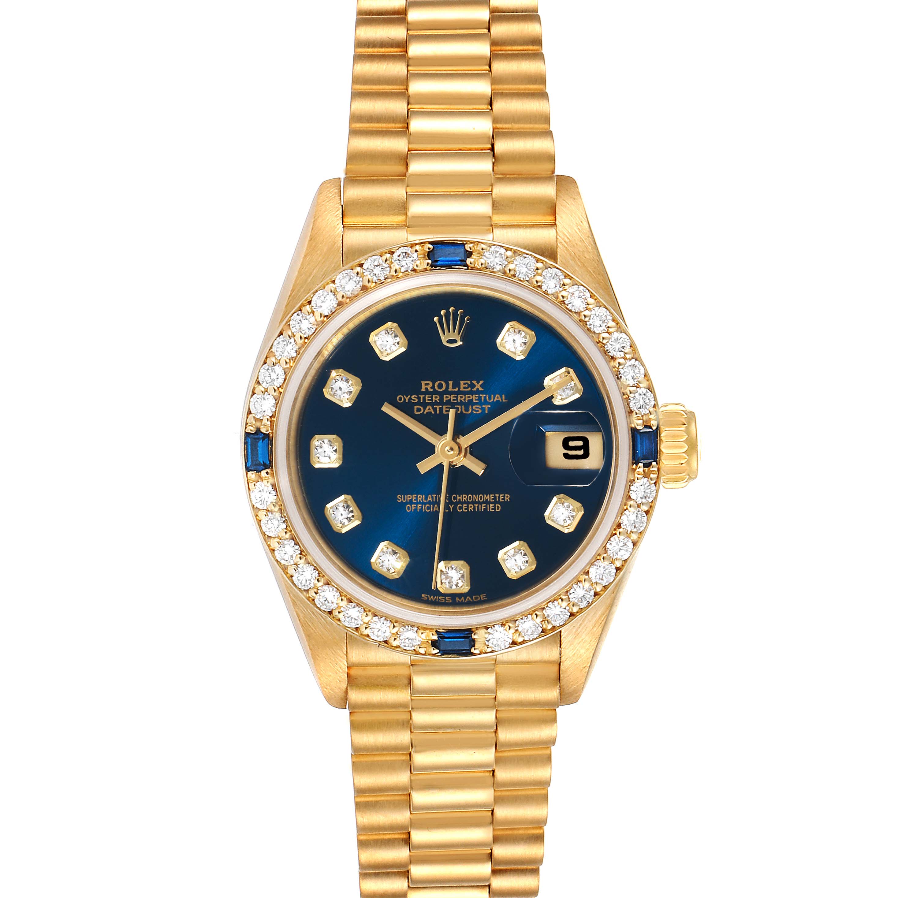 This image shows a frontal view of the Rolex President 69088 Women's Yellow Gold Blue Dial 69088 Women's Yellow Gold Blue Dial model watch with a gold bracelet and diamond-set bezel.