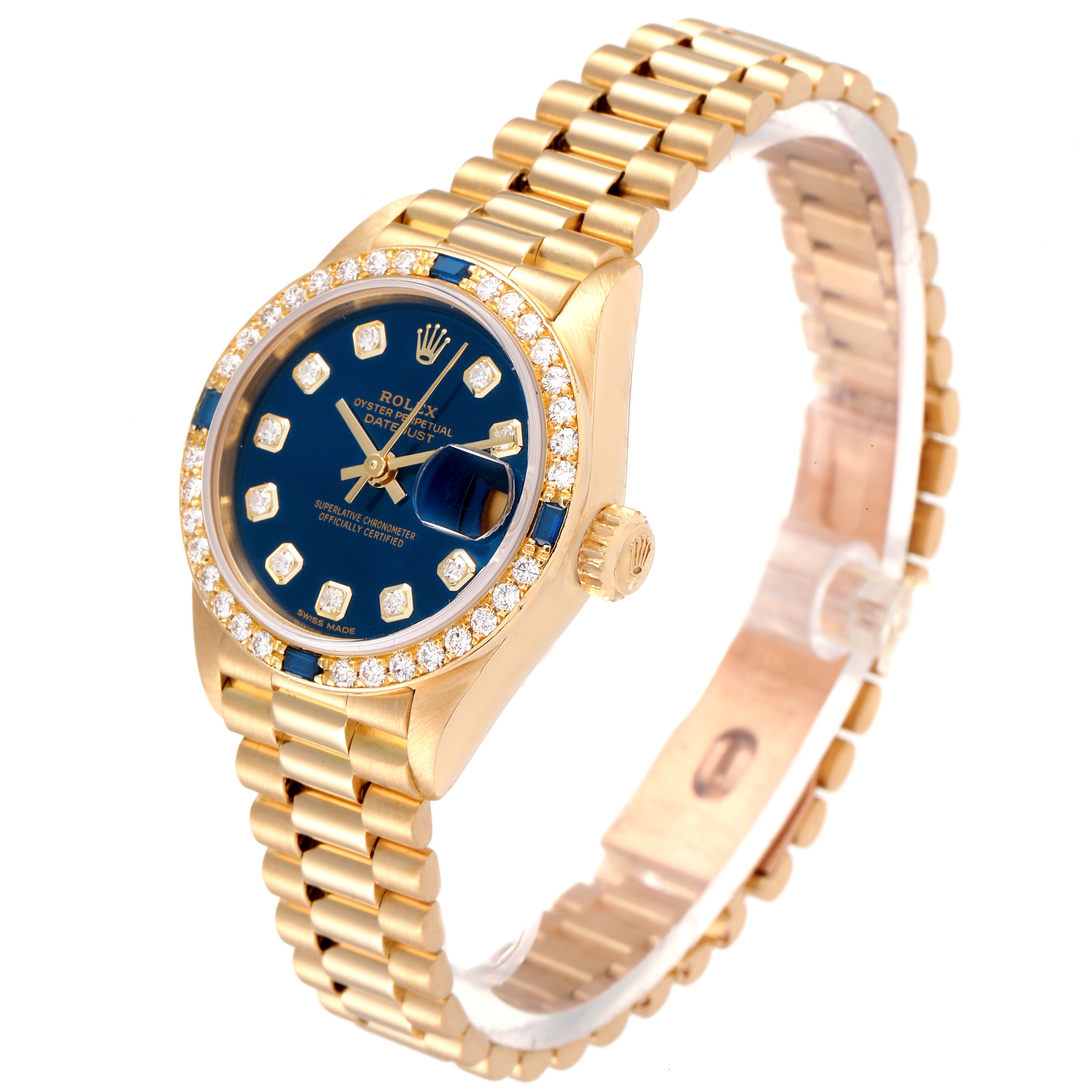 The image shows a Rolex President 69088 Women's Yellow Gold Blue Dial 69088 Women's Yellow Gold Blue Dial model watch at a three-quarter angle, highlighting the dial, bezel, and bracelet.