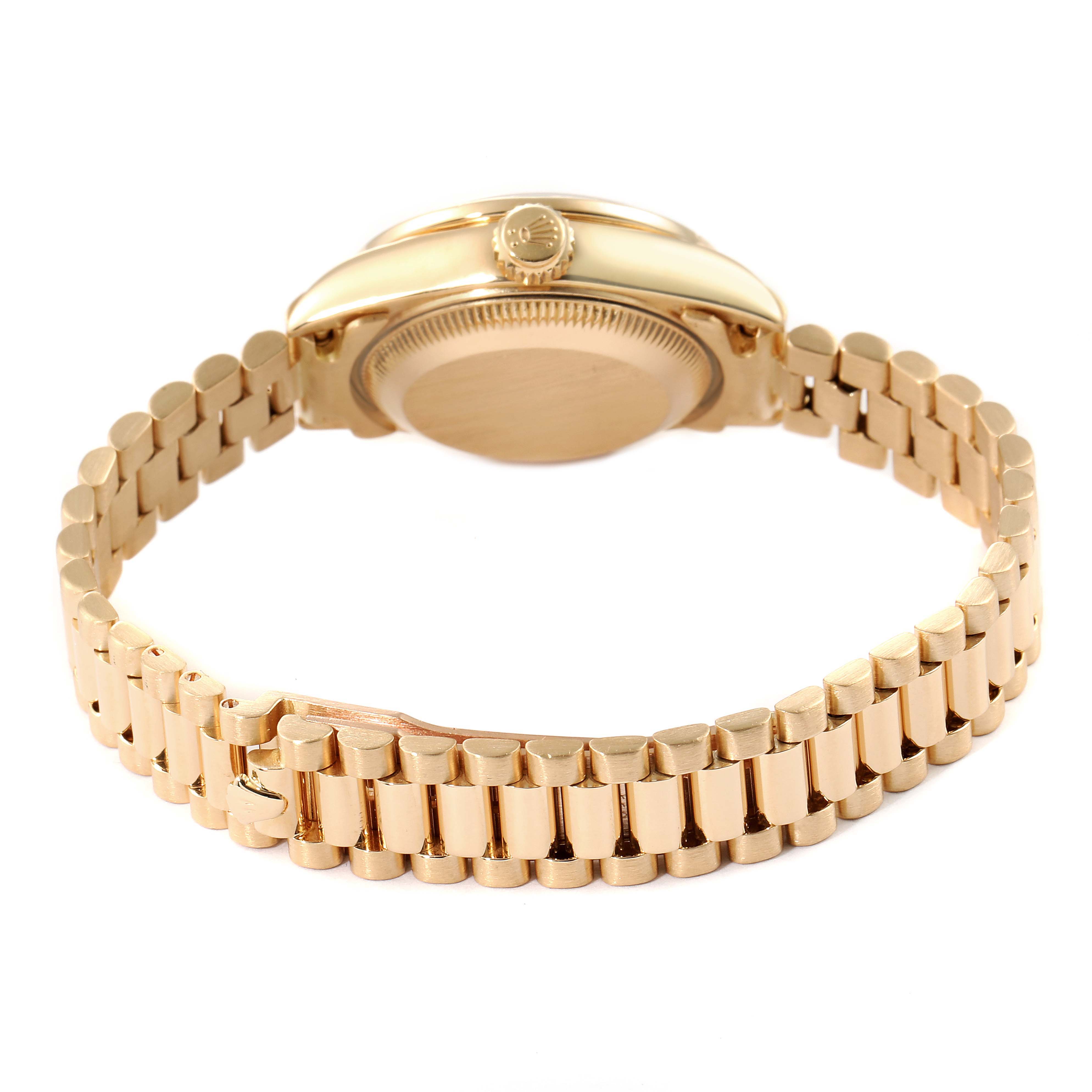 The image shows the side view of a Rolex President 69088 Women's Yellow Gold Blue Dial 69088 Women's Yellow Gold Blue Dial model watch, focusing on its bracelet and part of the case.