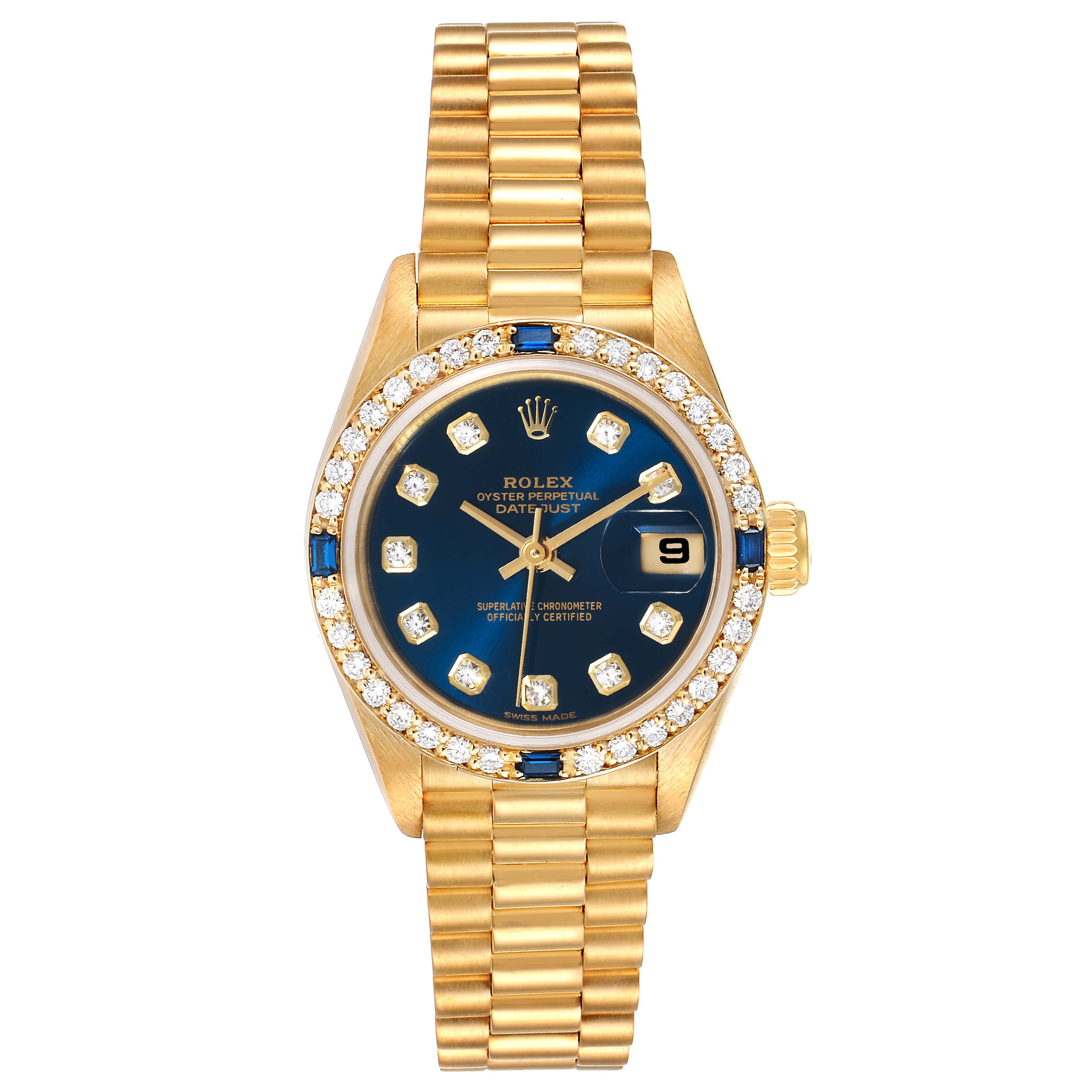 This is a top-down view of a Rolex President 69088 Women's Yellow Gold Blue Dial 69088 Women's Yellow Gold Blue Dial model watch, displaying the face, bezel, bracelet, and crown.