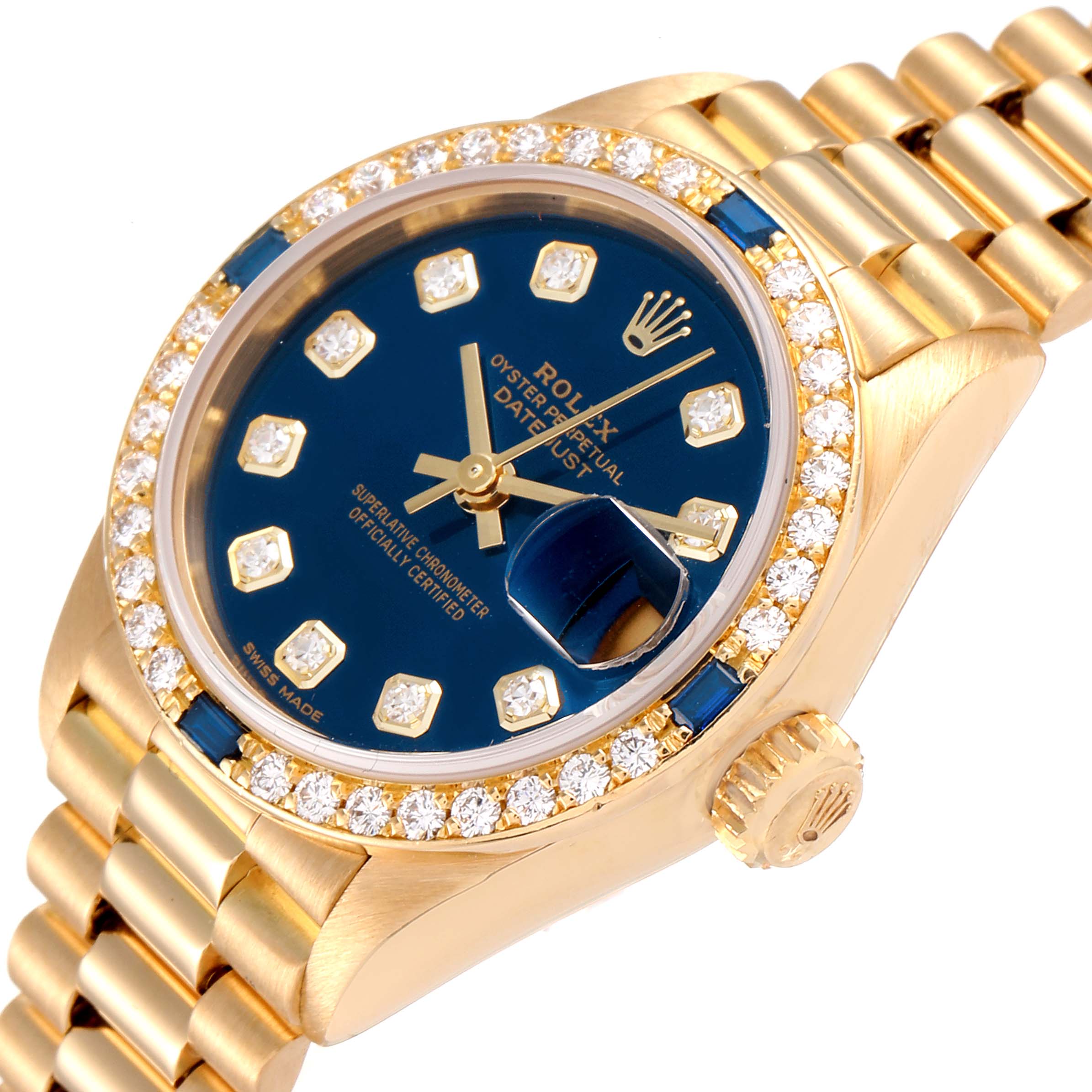 The image shows the front and side angle of the Rolex President 69088 Women's Yellow Gold Blue Dial 69088 Women's Yellow Gold Blue Dial model watch highlighting its face, bezel, crown, and bracelet.