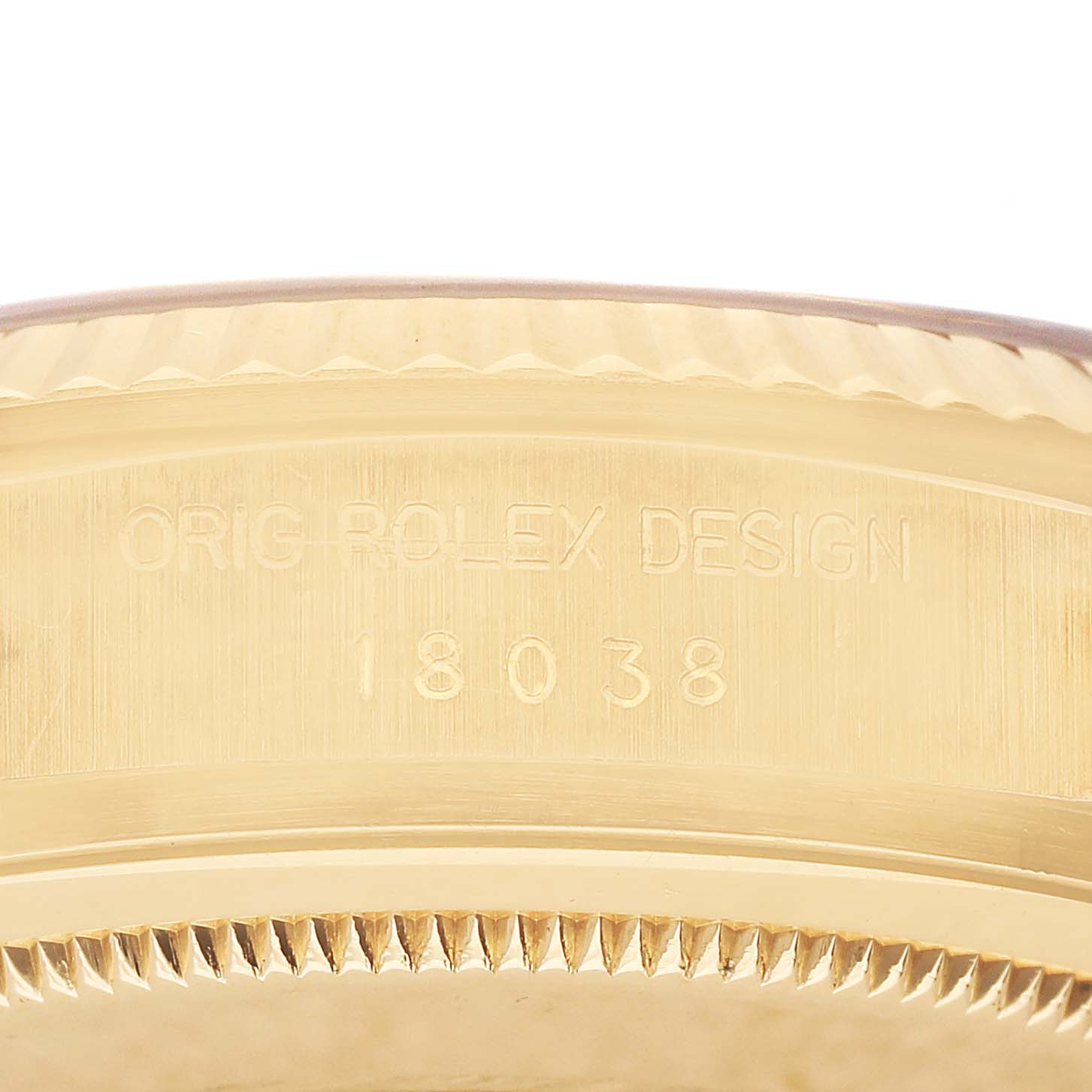 The image shows the side view of a Rolex President 18038 Men's Yellow Gold Champagne Dial watch case, highlighting the engraved serial number "18038."