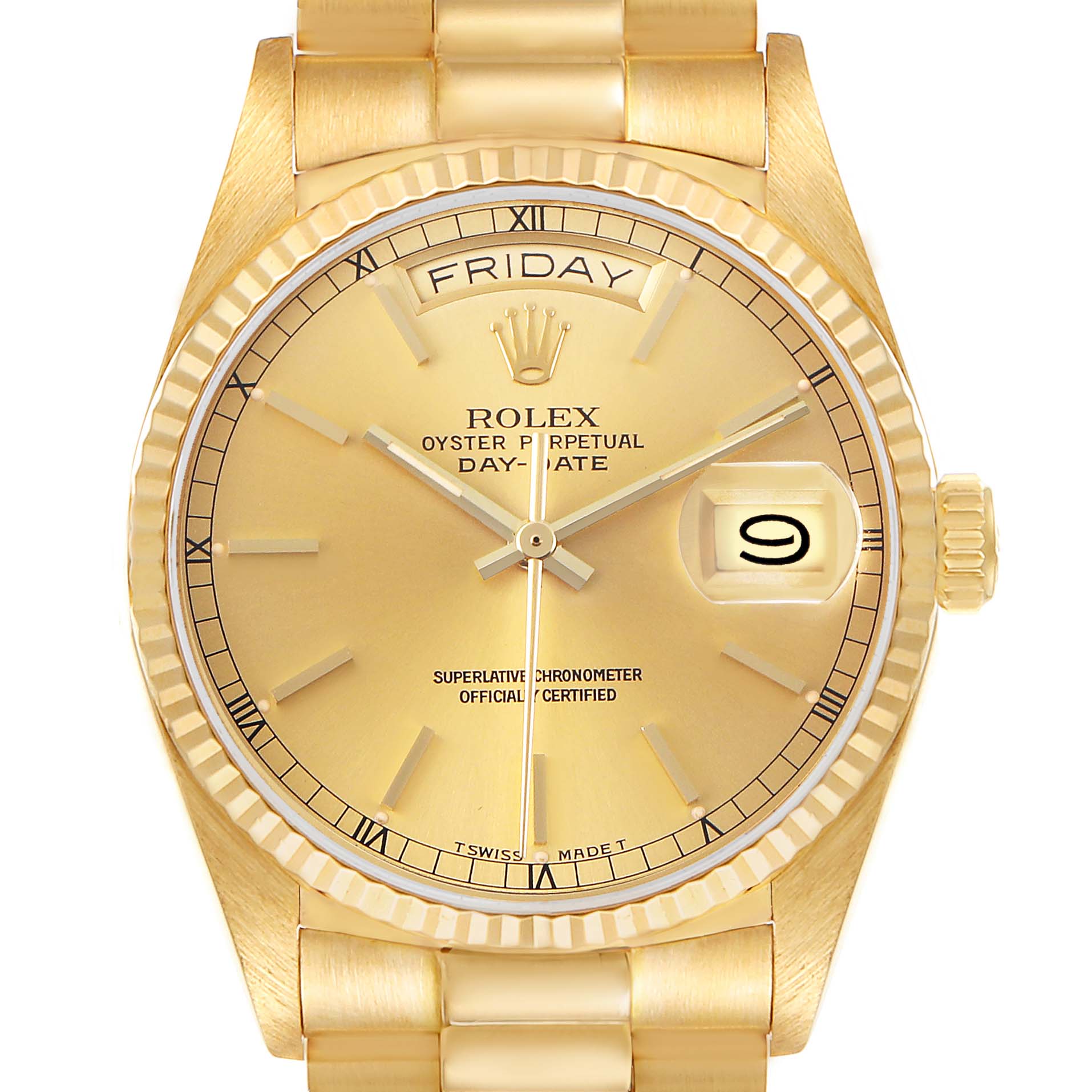 The Rolex President 18038 Men's Yellow Gold Champagne Dial model is shown from a front angle, highlighting the dial, day/date display, bezel, and part of the bracelet.
