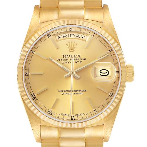 The Rolex President 18038 Men's Yellow Gold Champagne Dial model watch is shown from a front angle, displaying the face, bezel, day, date, and a portion of the bracelet.