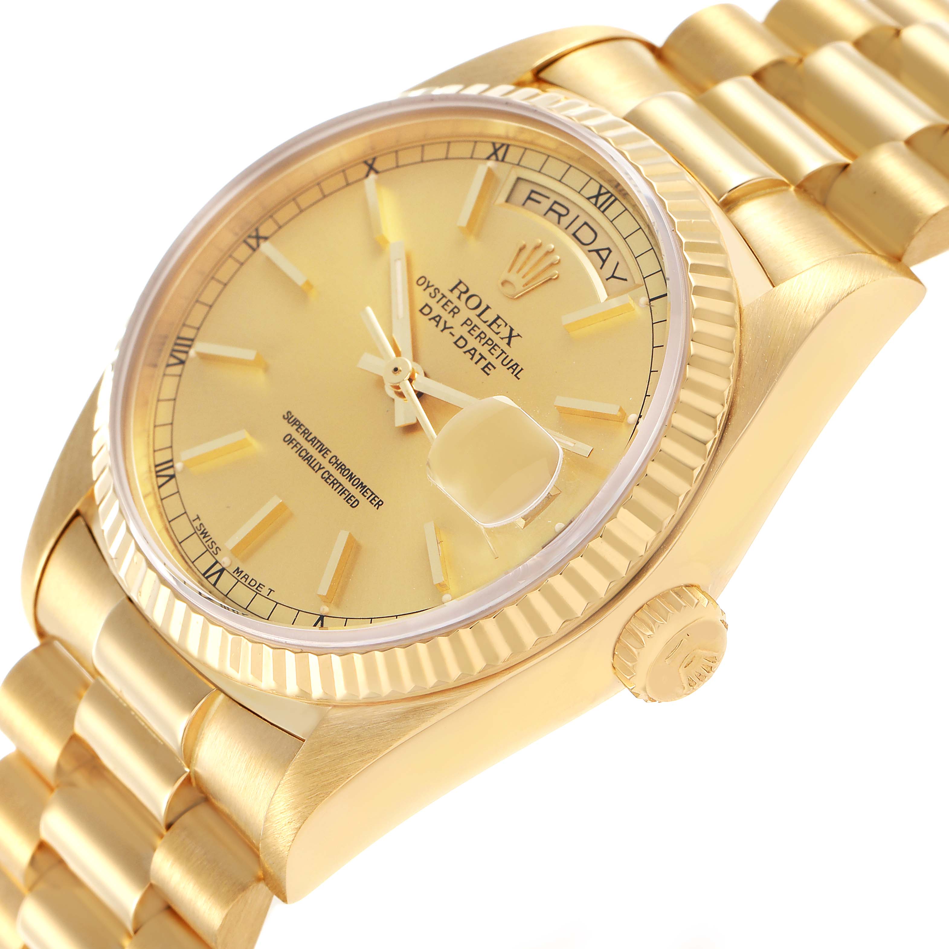 The Rolex President 18038 Men's Yellow Gold Champagne Dial model watch is shown at a three-quarter angle, highlighting the dial, day-date window, and bracelet.