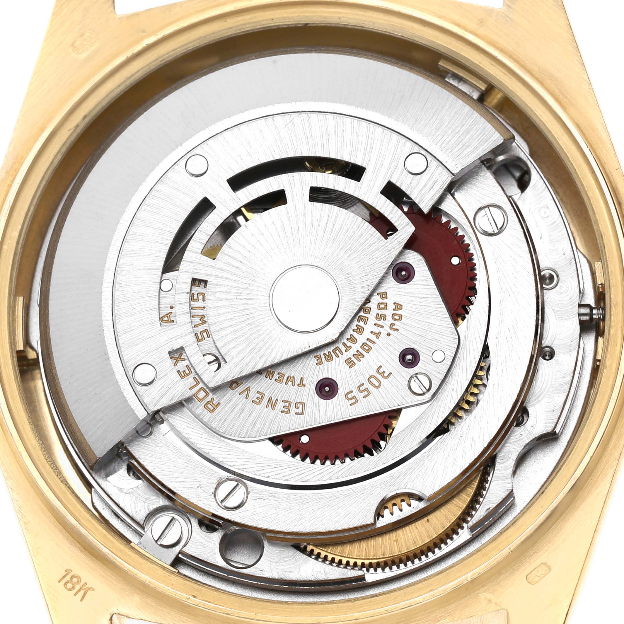 The image shows the internal mechanism of a Rolex President 18038 Men's Yellow Gold Champagne Dial watch at a top-down angle.