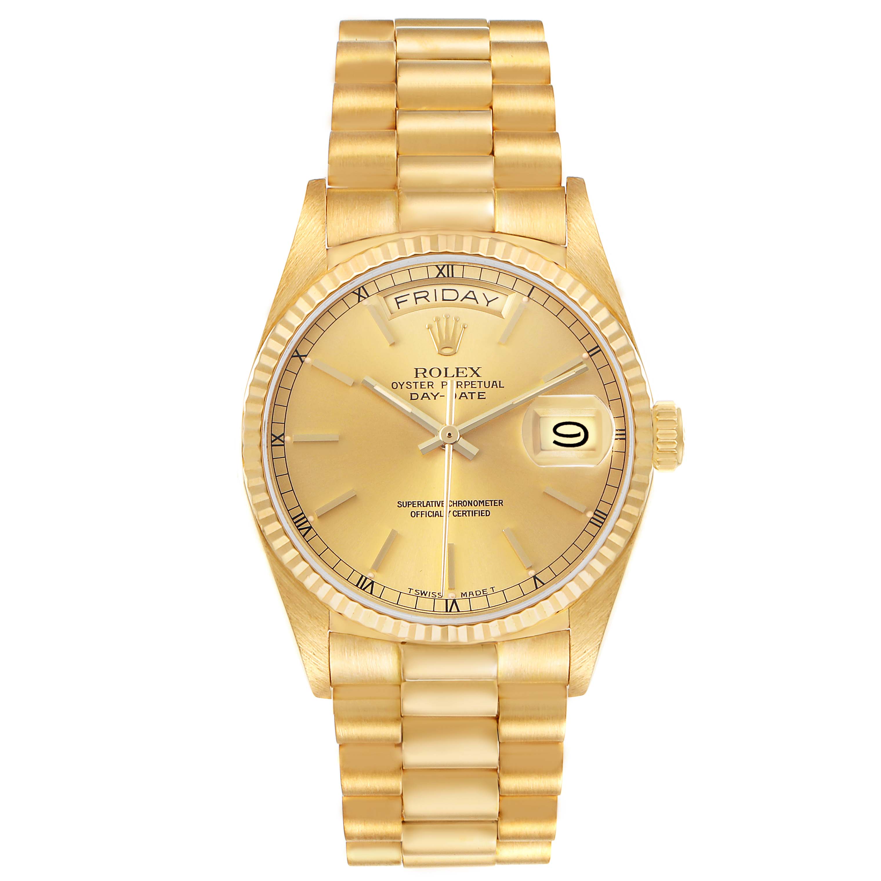 The Rolex President 18038 Men's Yellow Gold Champagne Dial model watch is shown from a front angle, displaying the gold dial, day-date windows, and bracelet.