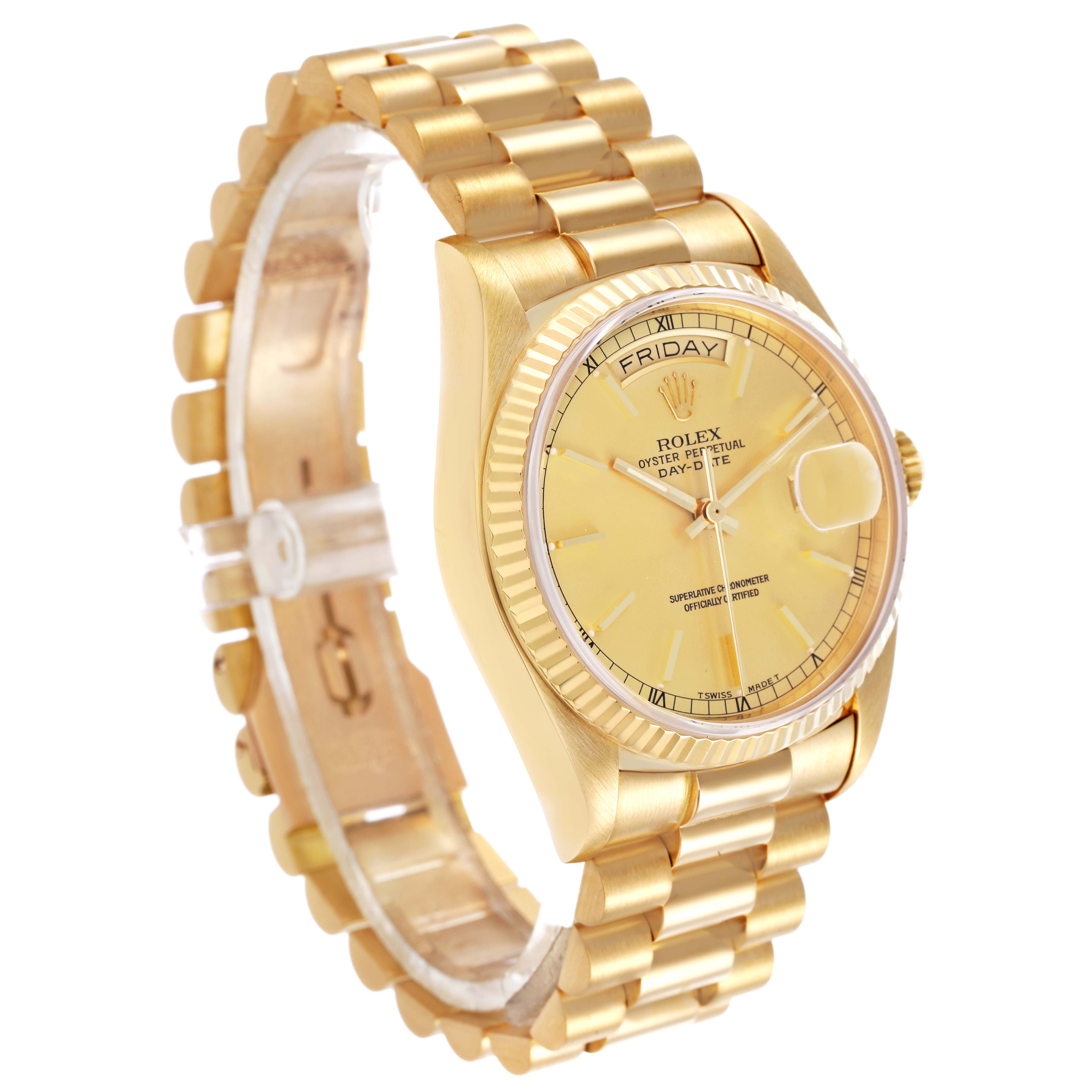 The Rolex President 18038 Men's Yellow Gold Champagne Dial model is shown at a three-quarter angle, displaying the gold case, dial, fluted bezel, bracelet, and day-date window.