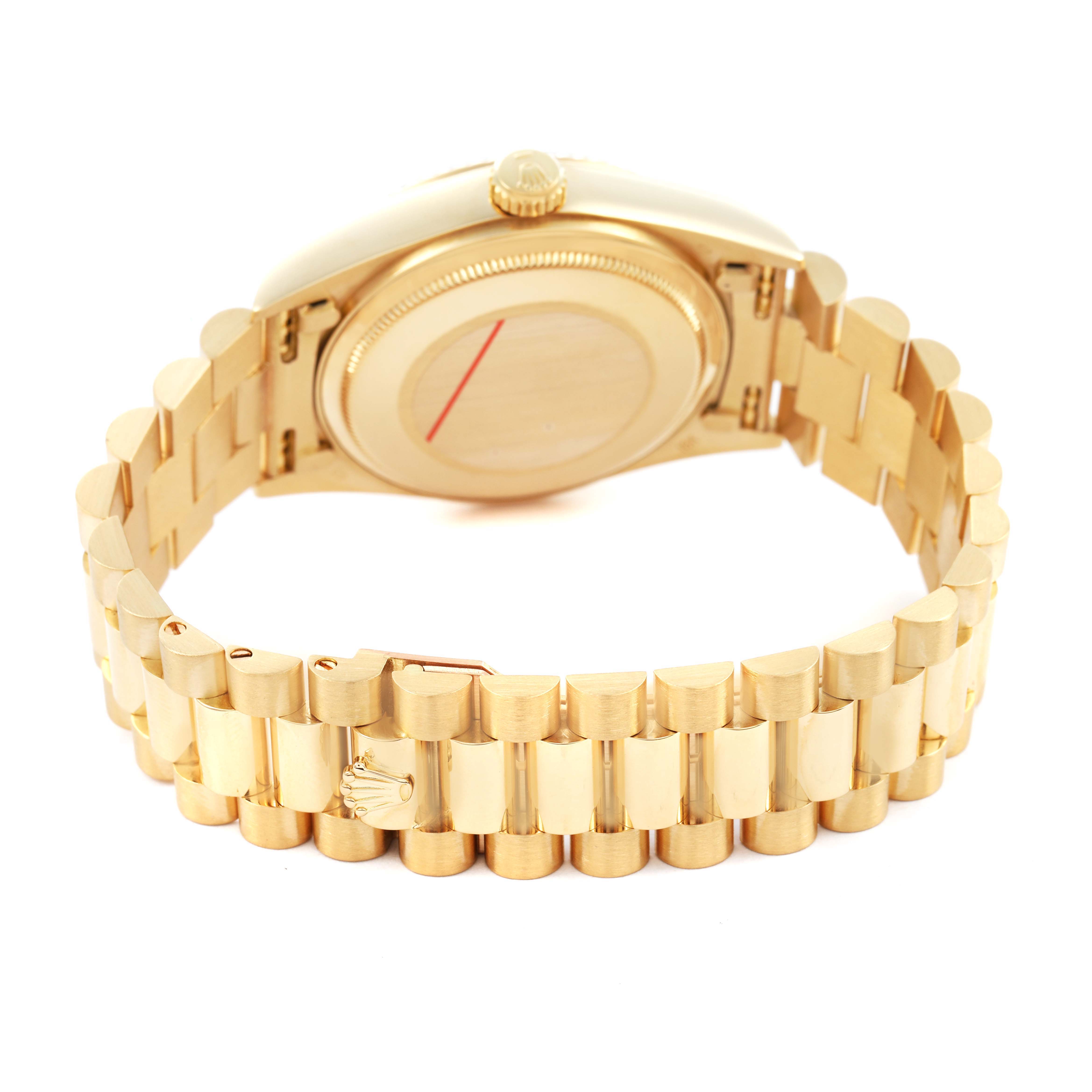 The image shows the back of a Rolex President 18038 Men's Yellow Gold Champagne Dial model, highlighting its gold bracelet and case back.