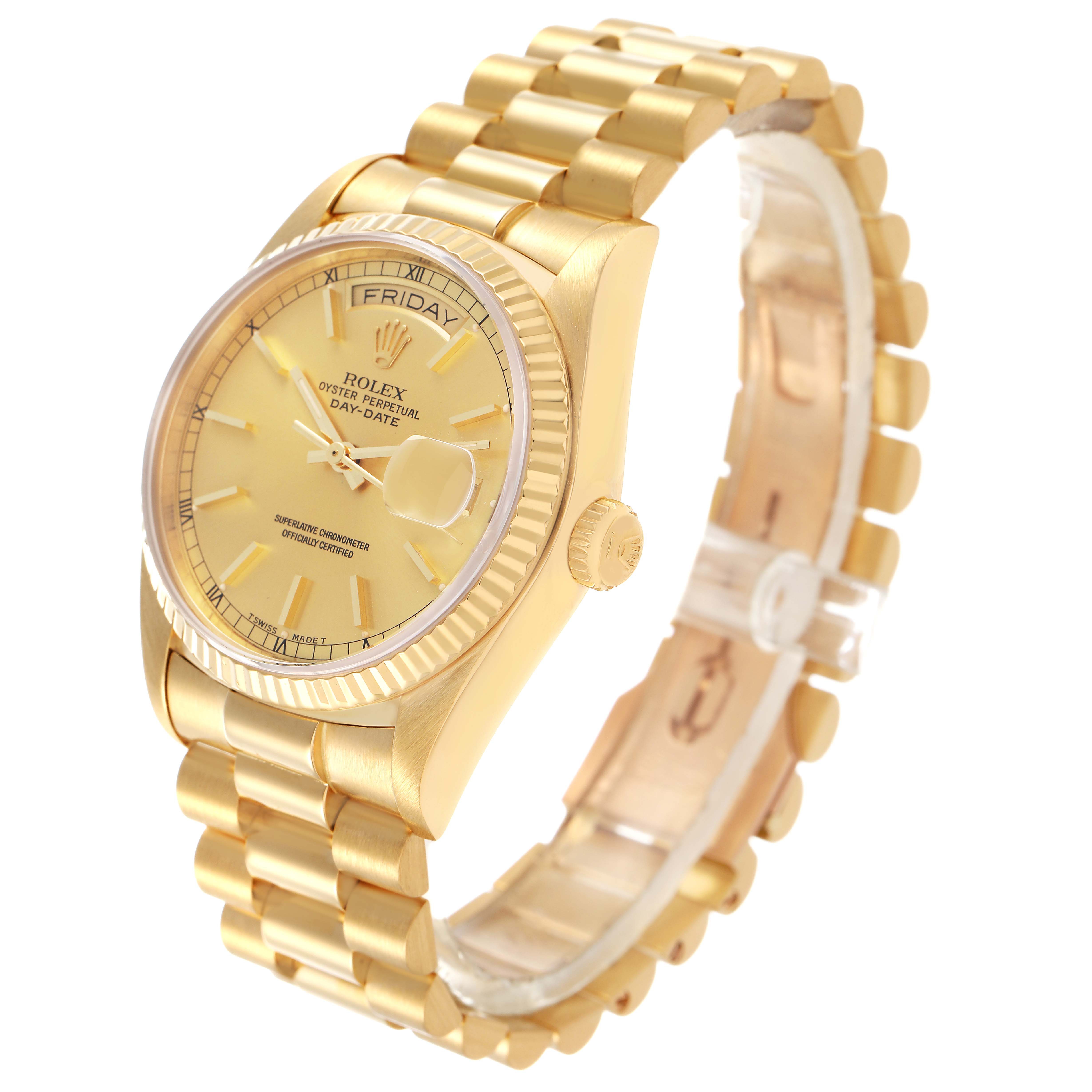 The Rolex President 18038 Men's Yellow Gold Champagne Dial model is shown at a three-quarter angle, featuring its gold case, bracelet, and detailed dial.