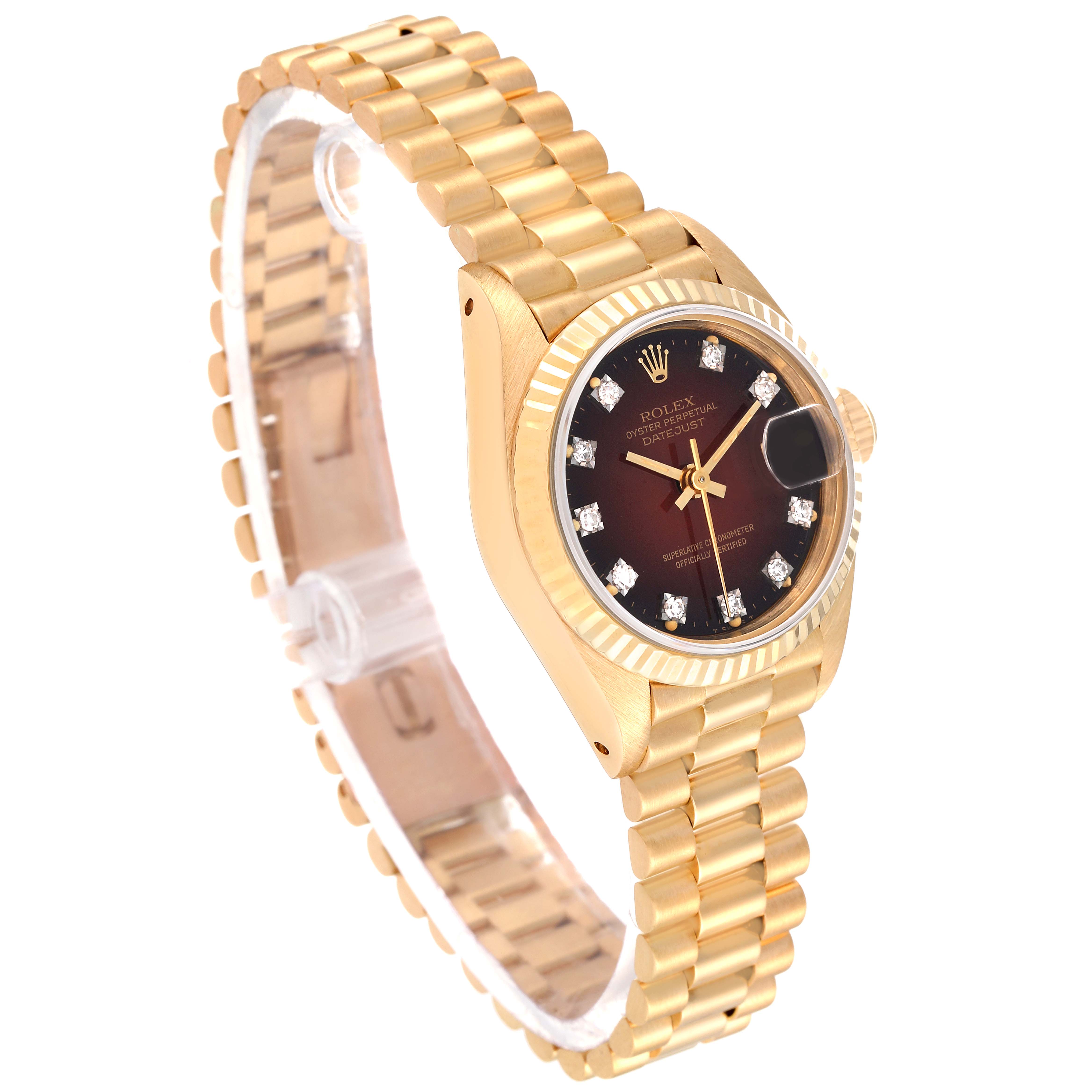 The image shows a Rolex President 69178 Women's Yellow Gold Red Dial 69178 Women's Yellow Gold Red Dial model watch at a three-quarter angle, displaying the band, case, dial, and date magnifier.