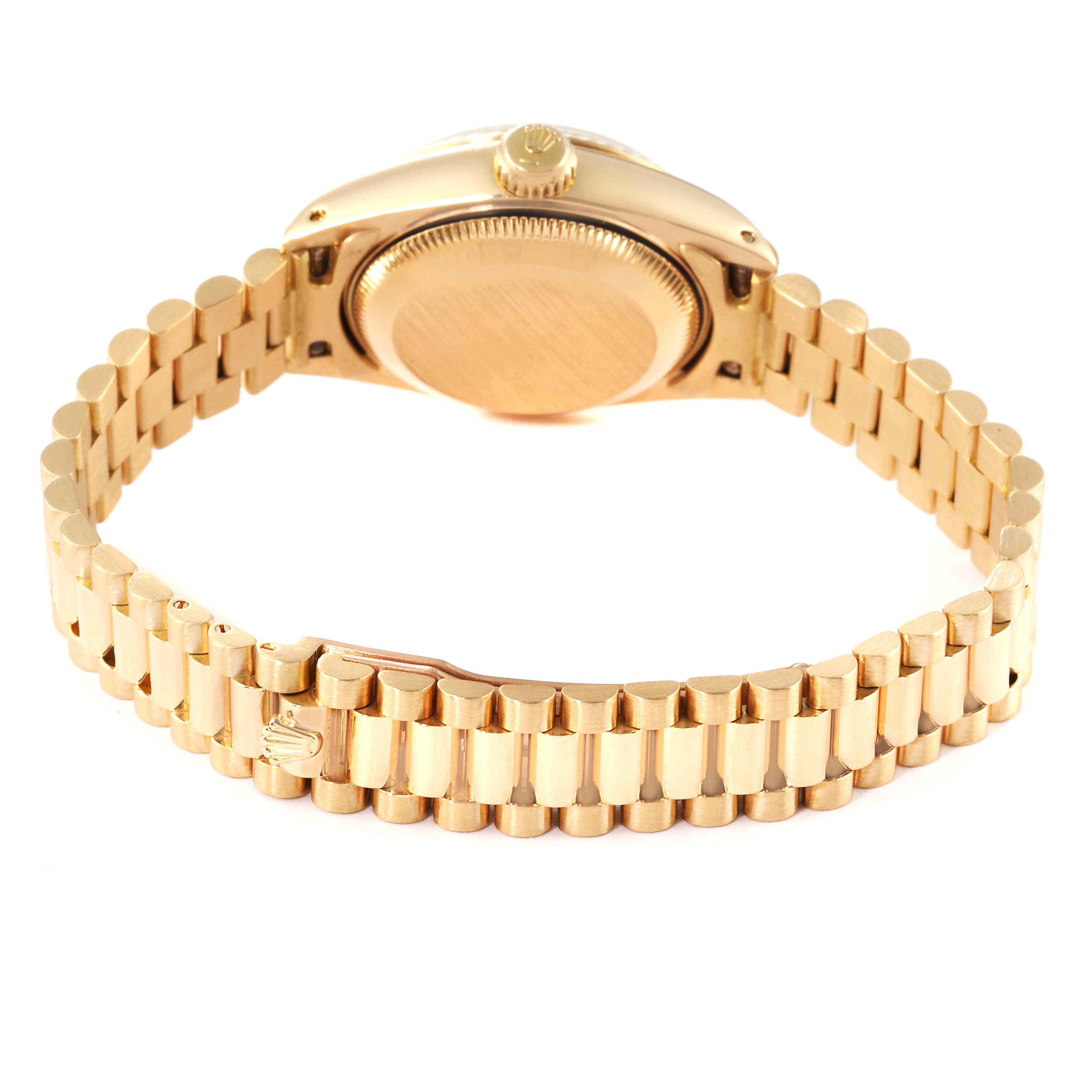 The image shows the back case and the bracelet of a Rolex President 69178 Women's Yellow Gold Red Dial 69178 Women's Yellow Gold Red Dial model watch from a rear angle.