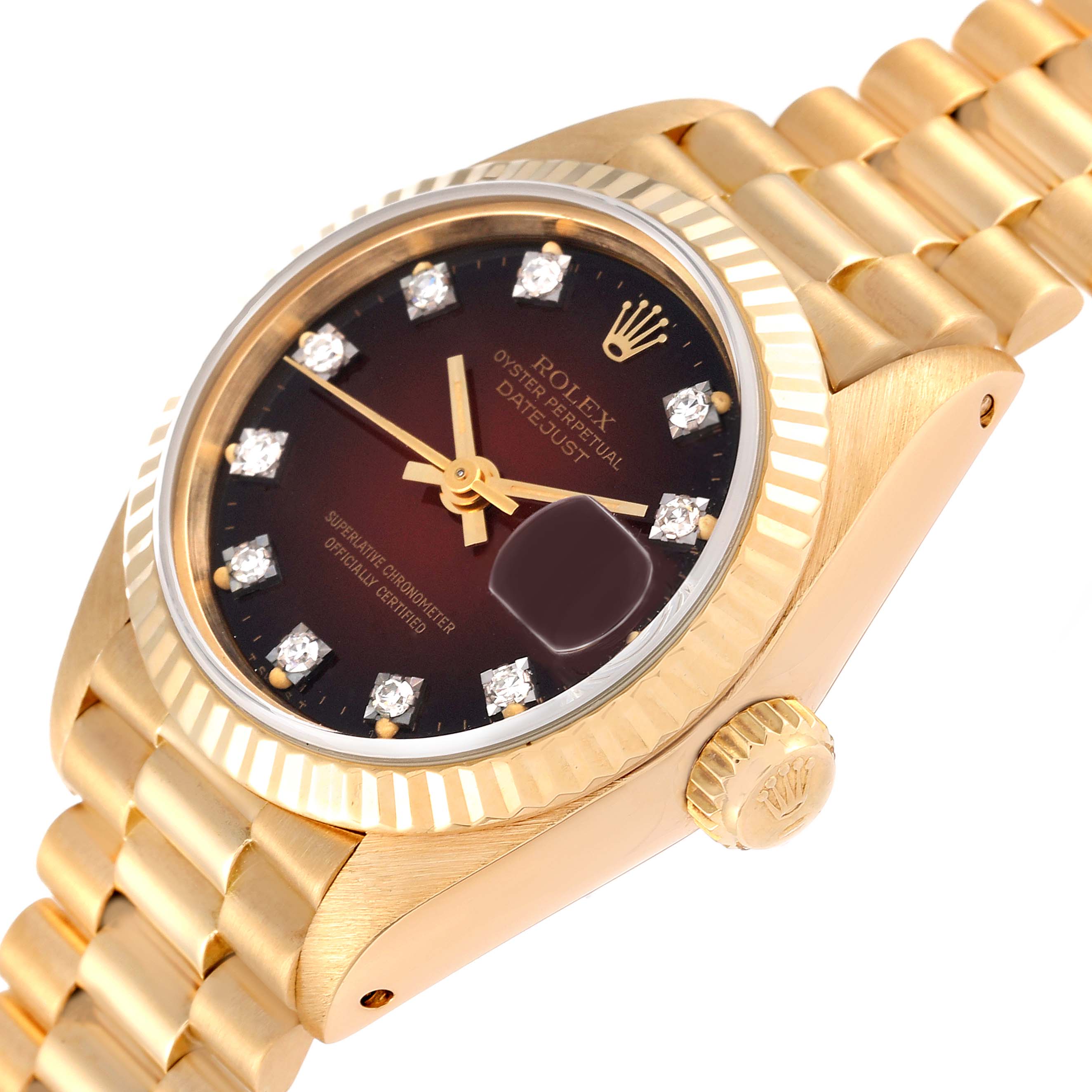 The image shows a close-up angle of the dial, bezel, crown, and part of the bracelet of the Rolex President 69178 Women's Yellow Gold Red Dial 69178 Women's Yellow Gold Red Dial model watch.