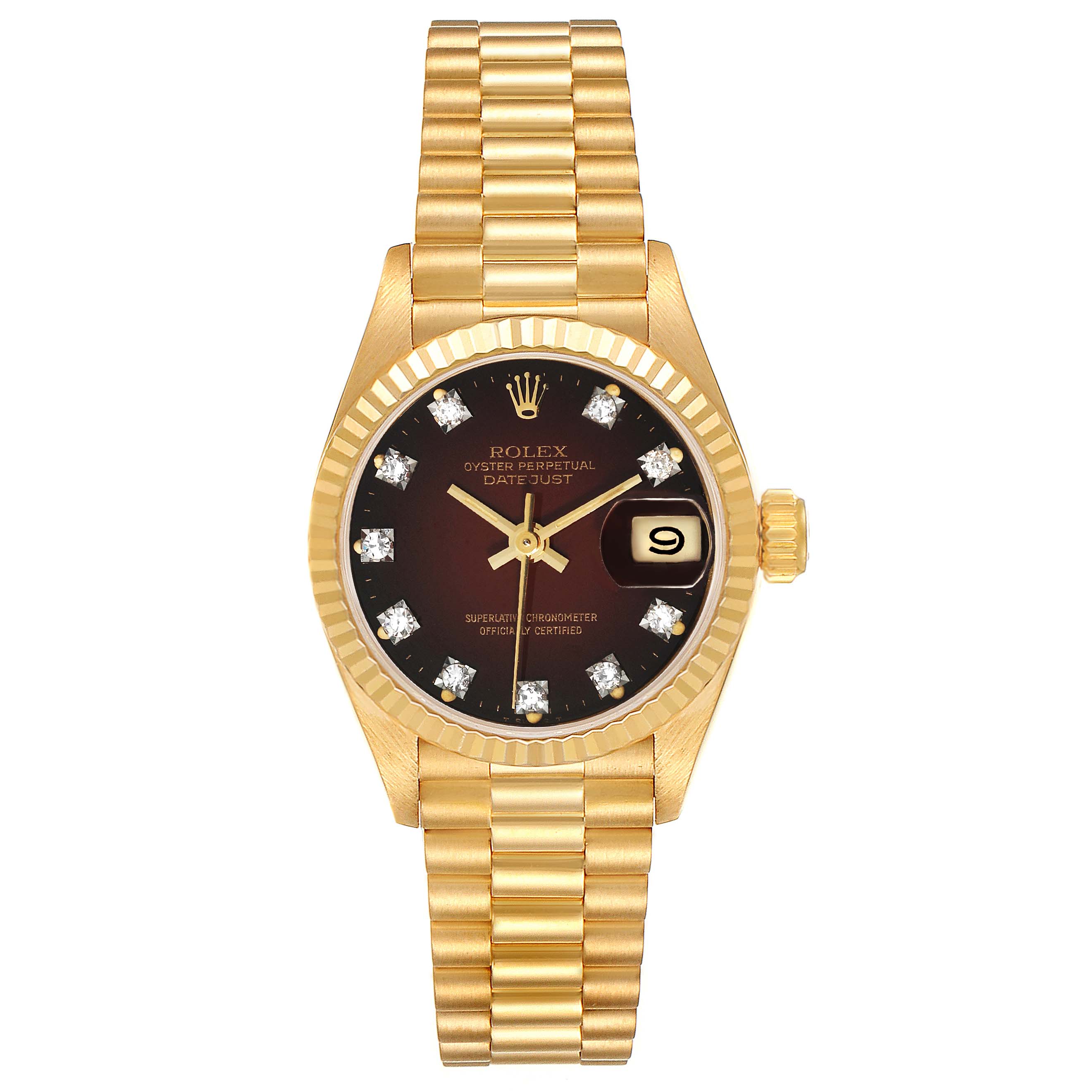 This image shows a front view of the Rolex President 69178 Women's Yellow Gold Red Dial 69178 Women's Yellow Gold Red Dial model watch featuring its gold bracelet, black dial, and date display.
