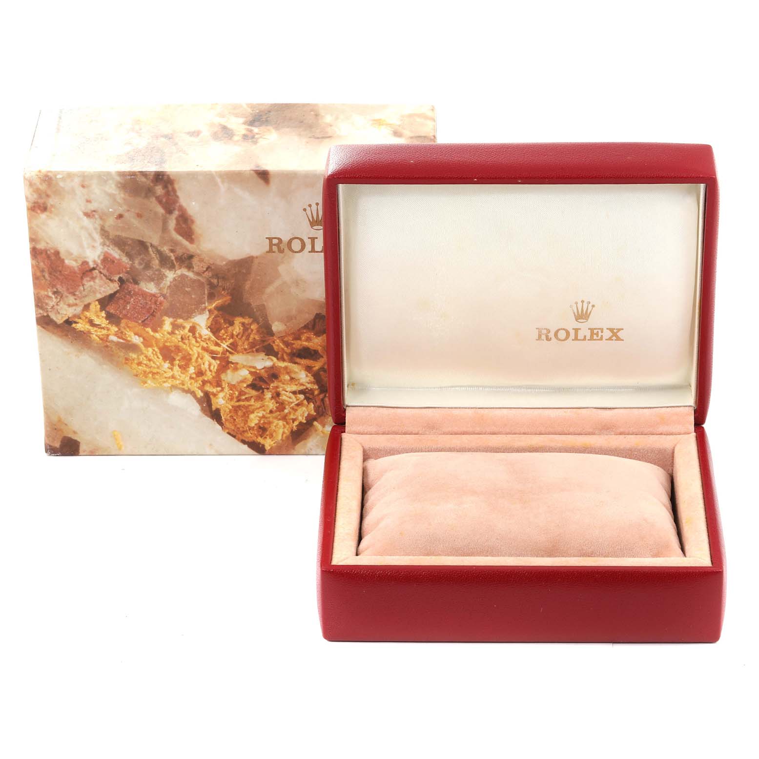 This image shows the packaging for the Rolex President 69178 Women's Yellow Gold Red Dial 69178 Women's Yellow Gold Red Dial model, including a red watch box and an outer decorative box.