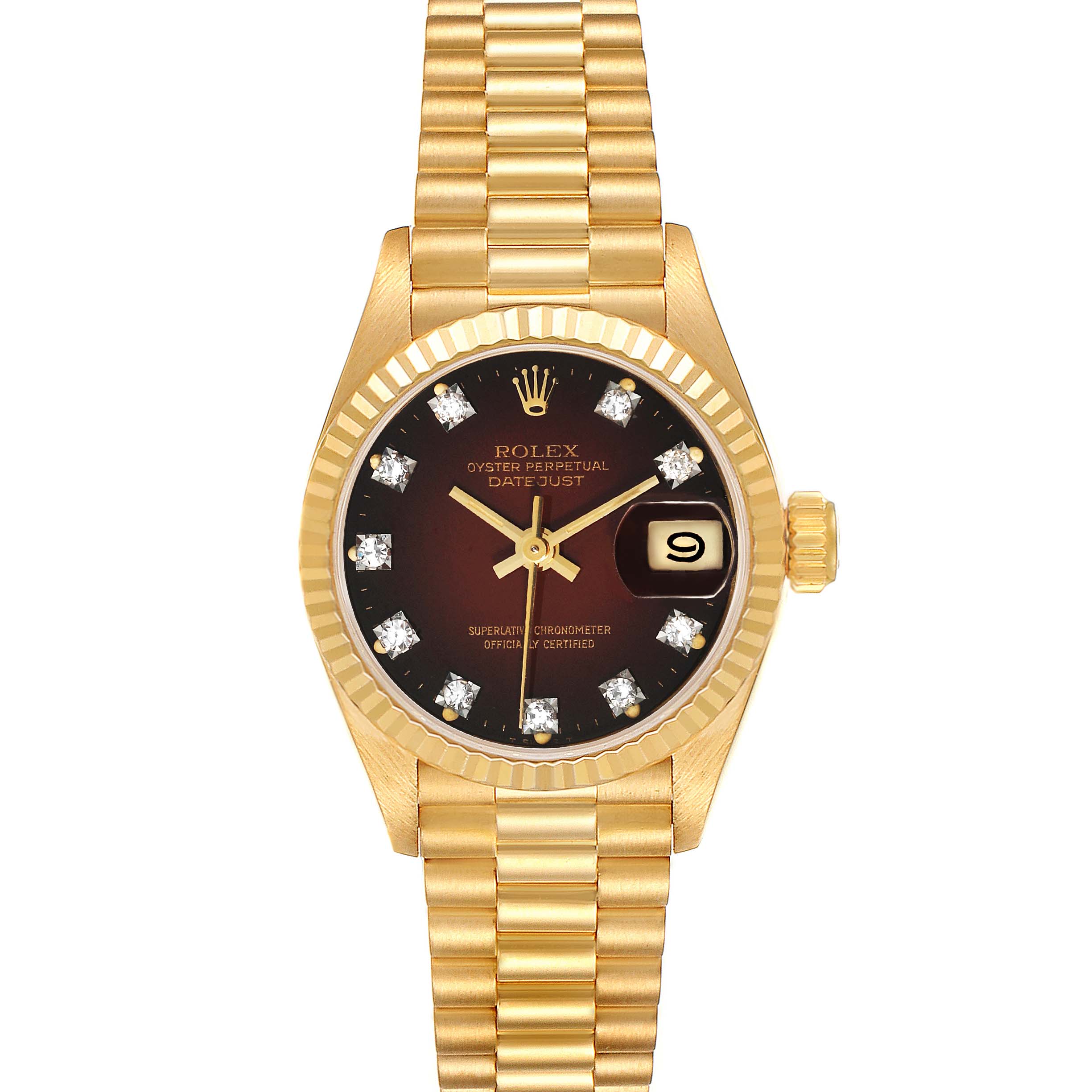 This image shows a Rolex President 69178 Women's Yellow Gold Red Dial 69178 Women's Yellow Gold Red Dial model watch with a gold bracelet, diamond hour markers, and a date display at the 3 o'clock position.