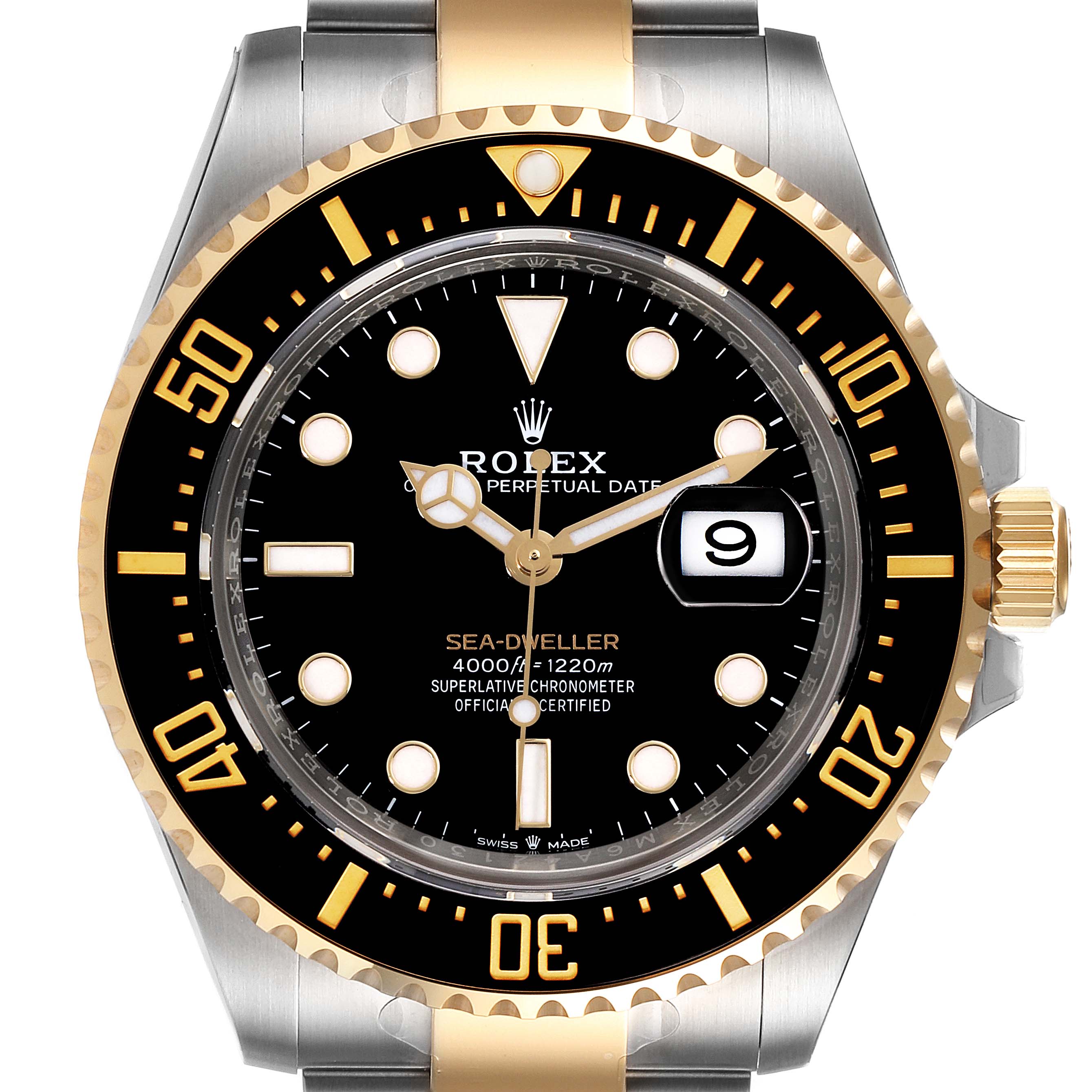 The Rolex Sea-Dweller 126603 Men's Steel and Gold (two tone) Black Dial 126603 Men's Steel and Gold (two tone) Black Dial model watch is shown from the front, highlighting the face, bezel, and part of the band.