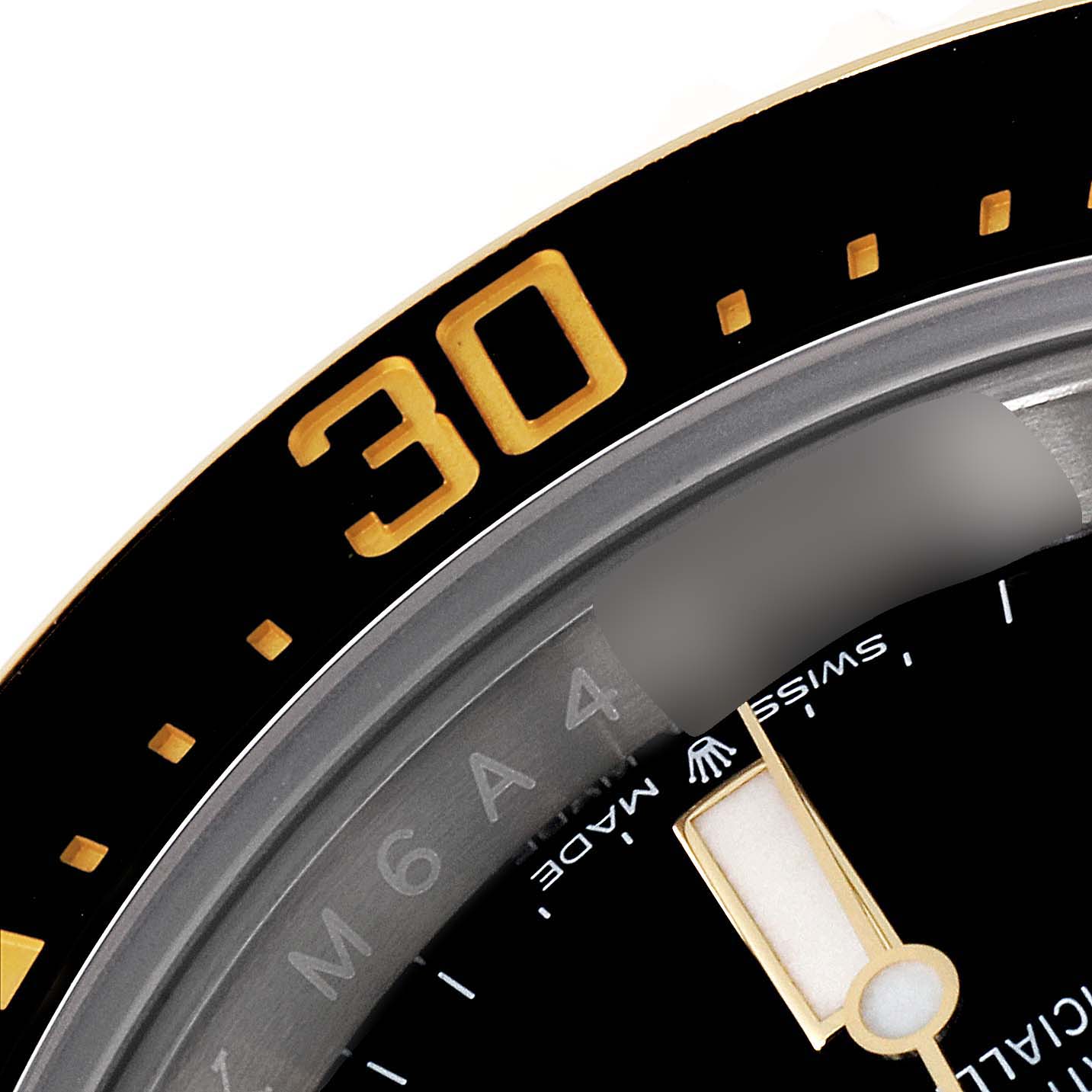 The image shows a close-up of the bezel and part of the dial of a Rolex Sea-Dweller 126603 Men's Steel and Gold (two tone) Black Dial 126603 Men's Steel and Gold (two tone) Black Dial watch, highlighting the 30-minute marker.