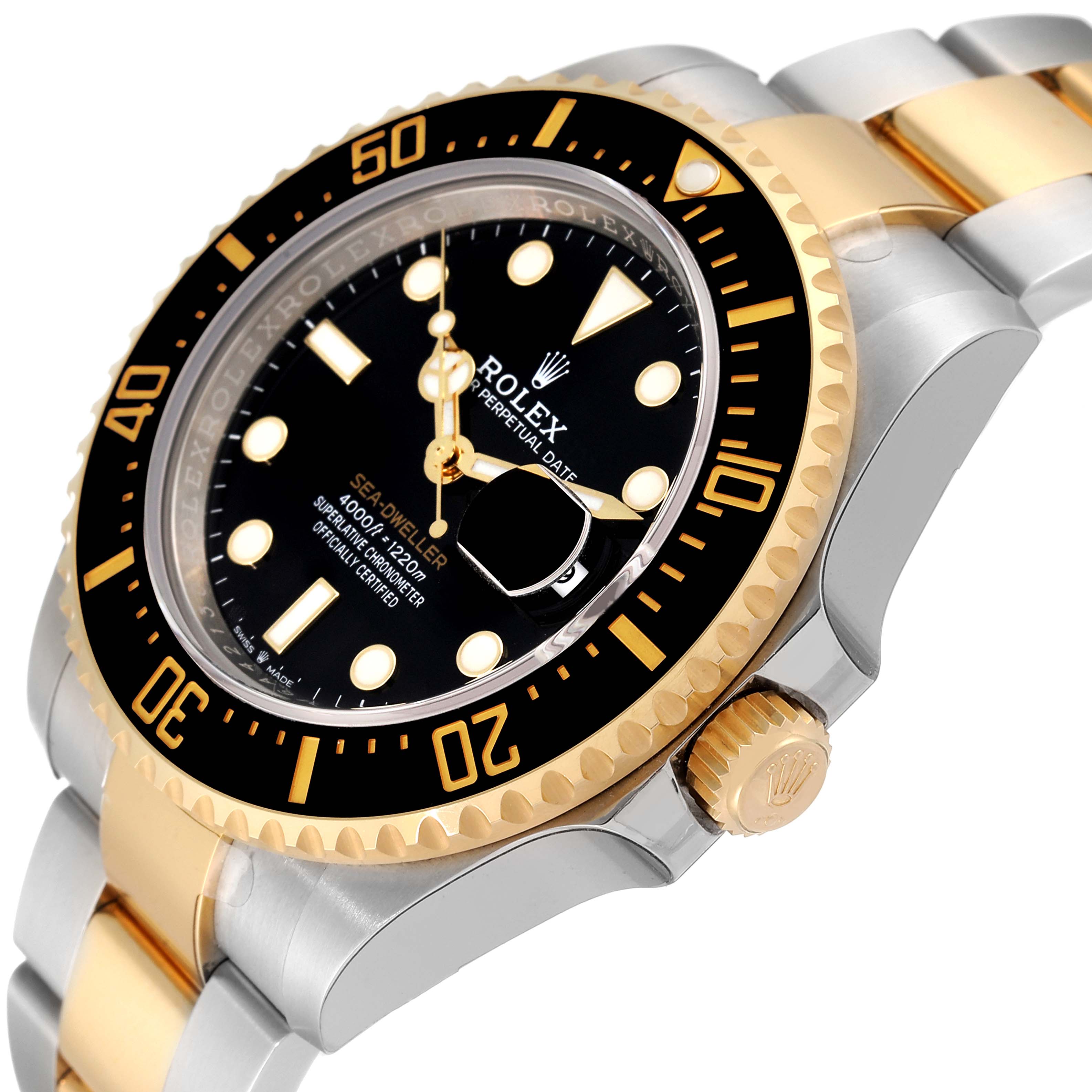 The image shows a Rolex Sea-Dweller 126603 Men's Steel and Gold (two tone) Black Dial 126603 Men's Steel and Gold (two tone) Black Dial watch from an oblique top view, highlighting the bezel, crown, and part of the bracelet.