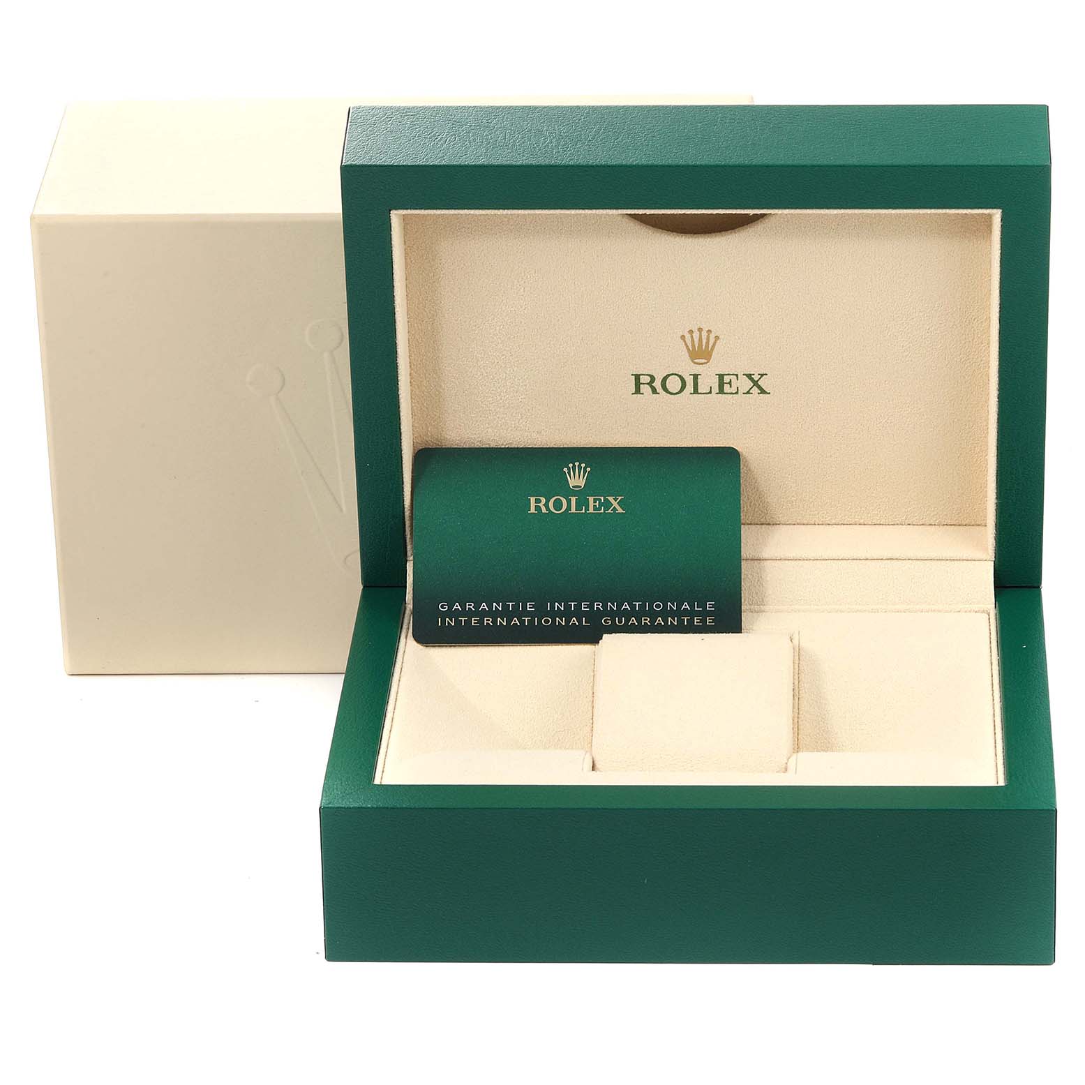 The image shows the open box and international guarantee card for the Rolex Sea-Dweller 126603 Men's Steel and Gold (two tone) Black Dial 126603 Men's Steel and Gold (two tone) Black Dial model.