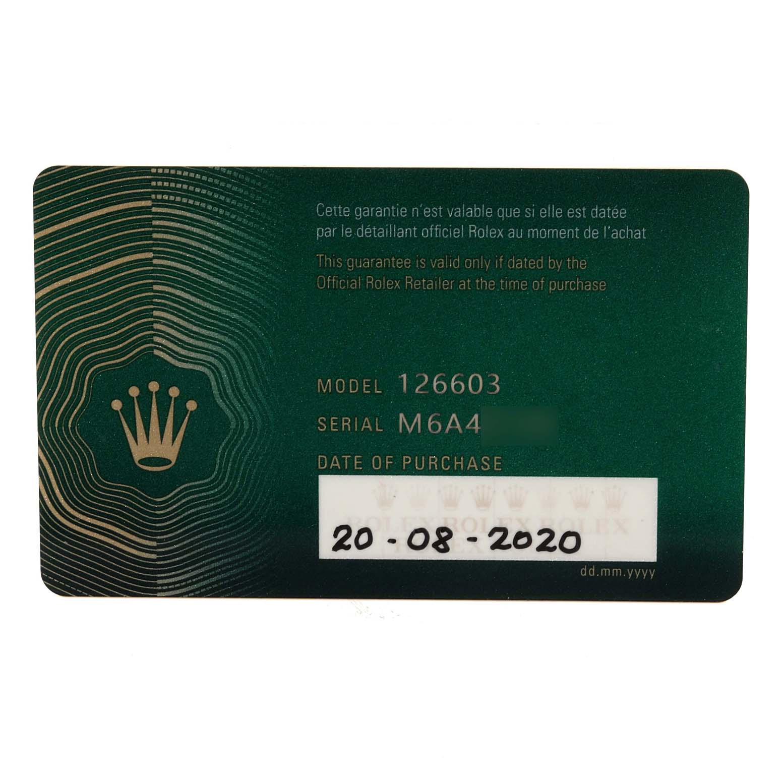 The image shows a warranty card for a Rolex Sea-Dweller 126603 Men's Steel and Gold (two tone) Black Dial 126603 Men's Steel and Gold (two tone) Black Dial model 126603 with the date of purchase 20.08.2020.