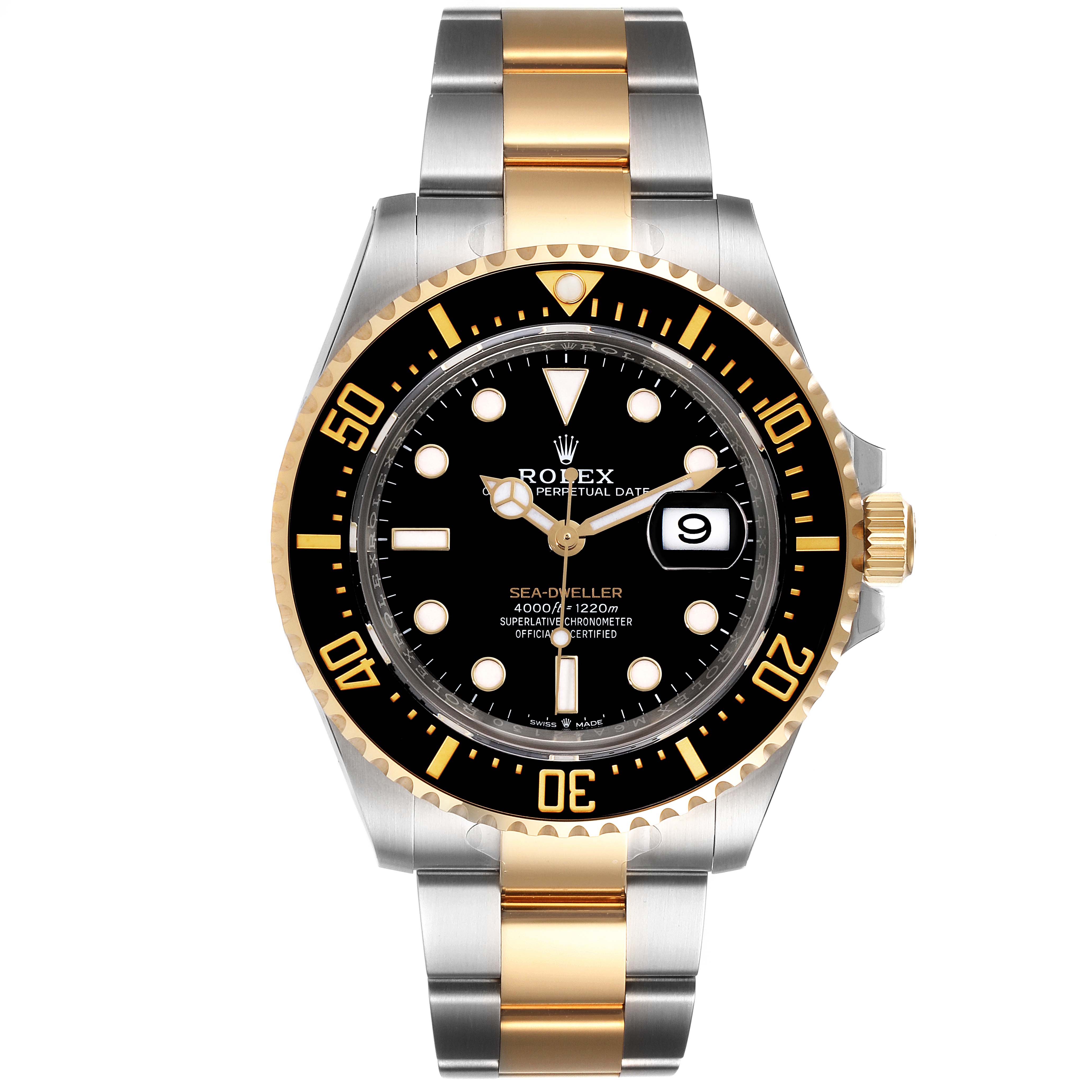 This image shows a front view of the Rolex Sea-Dweller 126603 Men's Steel and Gold (two tone) Black Dial 126603 Men's Steel and Gold (two tone) Black Dial watch, highlighting its black dial, gold bezel, and two-tone bracelet.