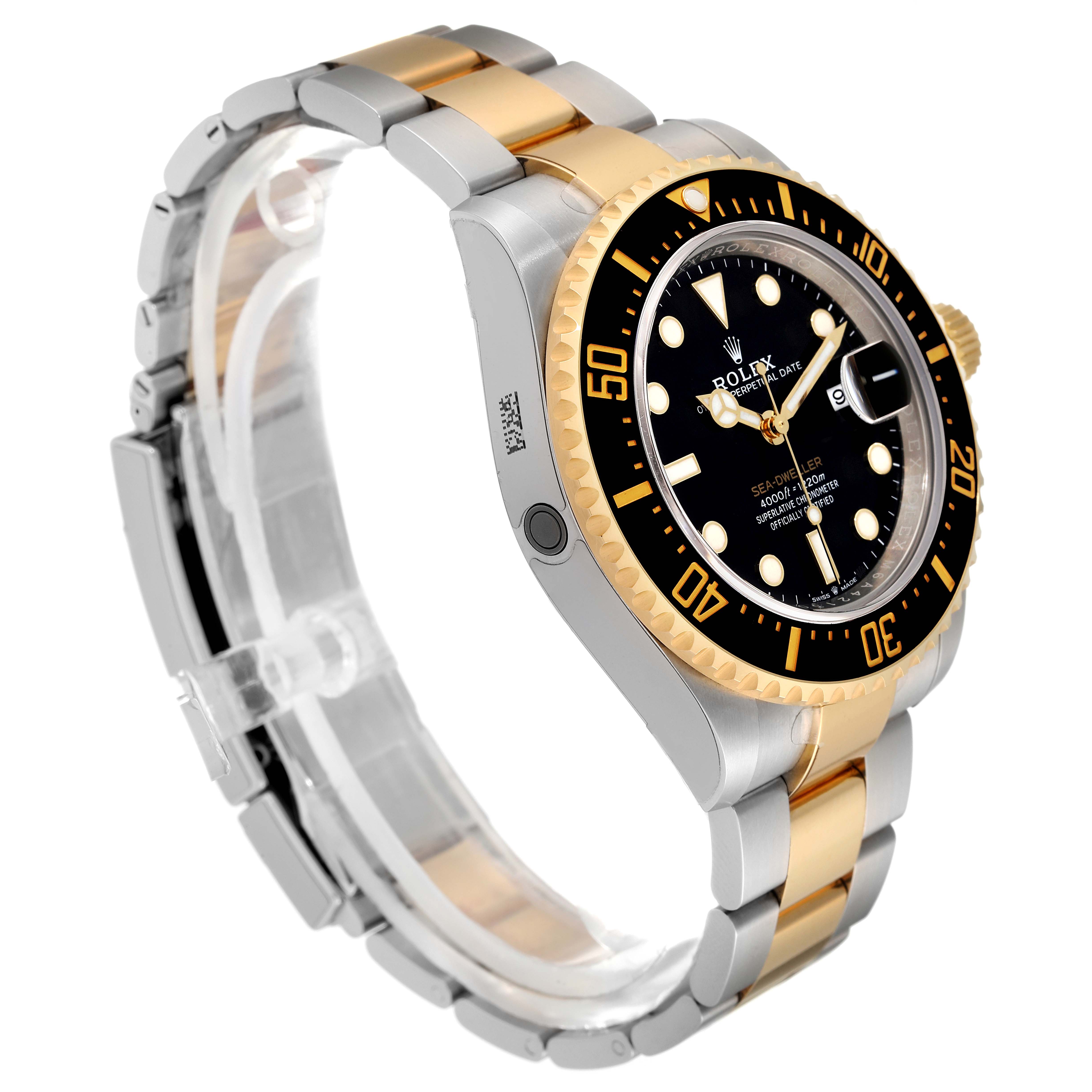 The Rolex Sea-Dweller 126603 Men's Steel and Gold (two tone) Black Dial 126603 Men's Steel and Gold (two tone) Black Dial watch is displayed at an angle showing the face, bezel, and bracelet with a side view.