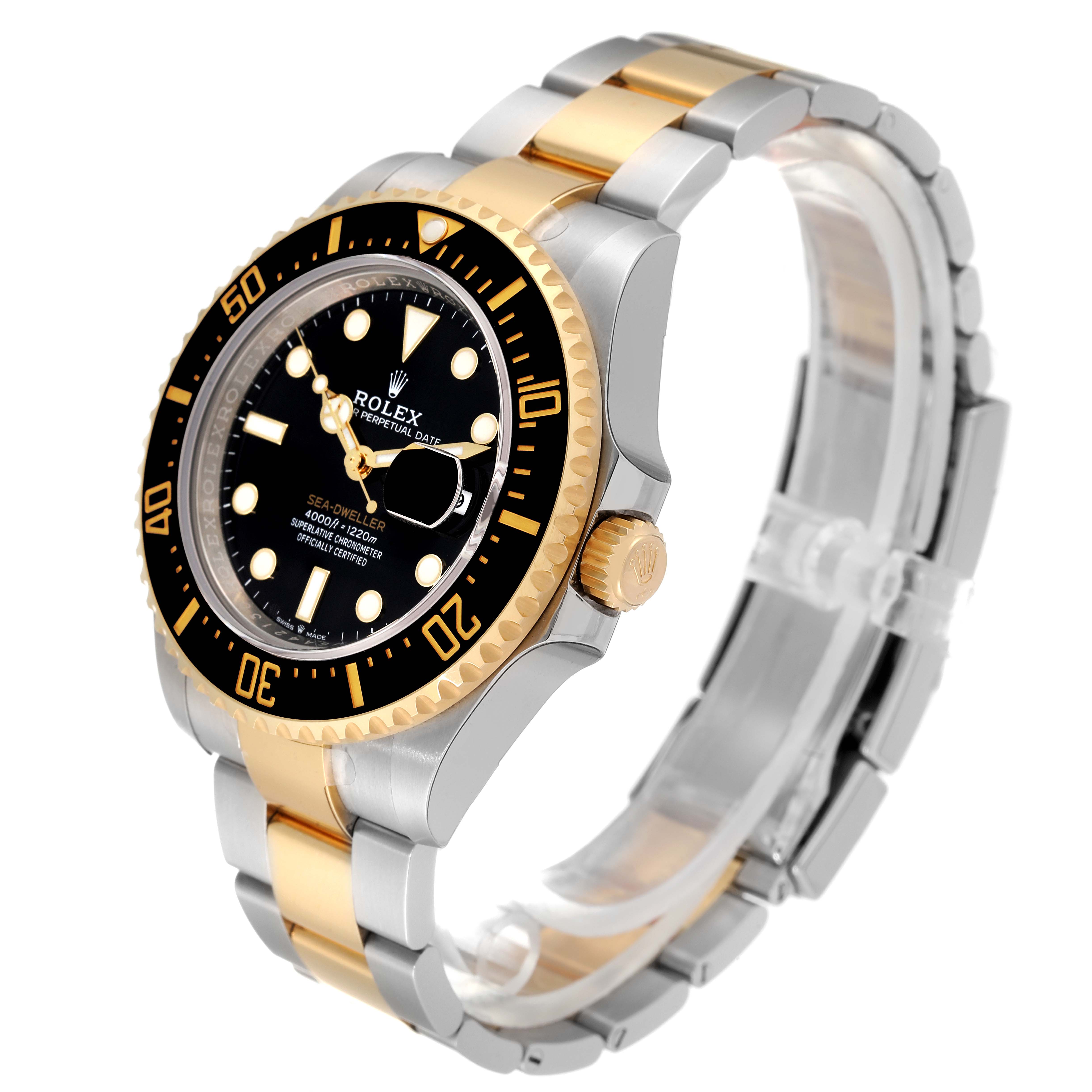 The Rolex Sea-Dweller 126603 Men's Steel and Gold (two tone) Black Dial 126603 Men's Steel and Gold (two tone) Black Dial watch is shown at a three-quarter angle, displaying the dial, bezel, crown, and bracelet.