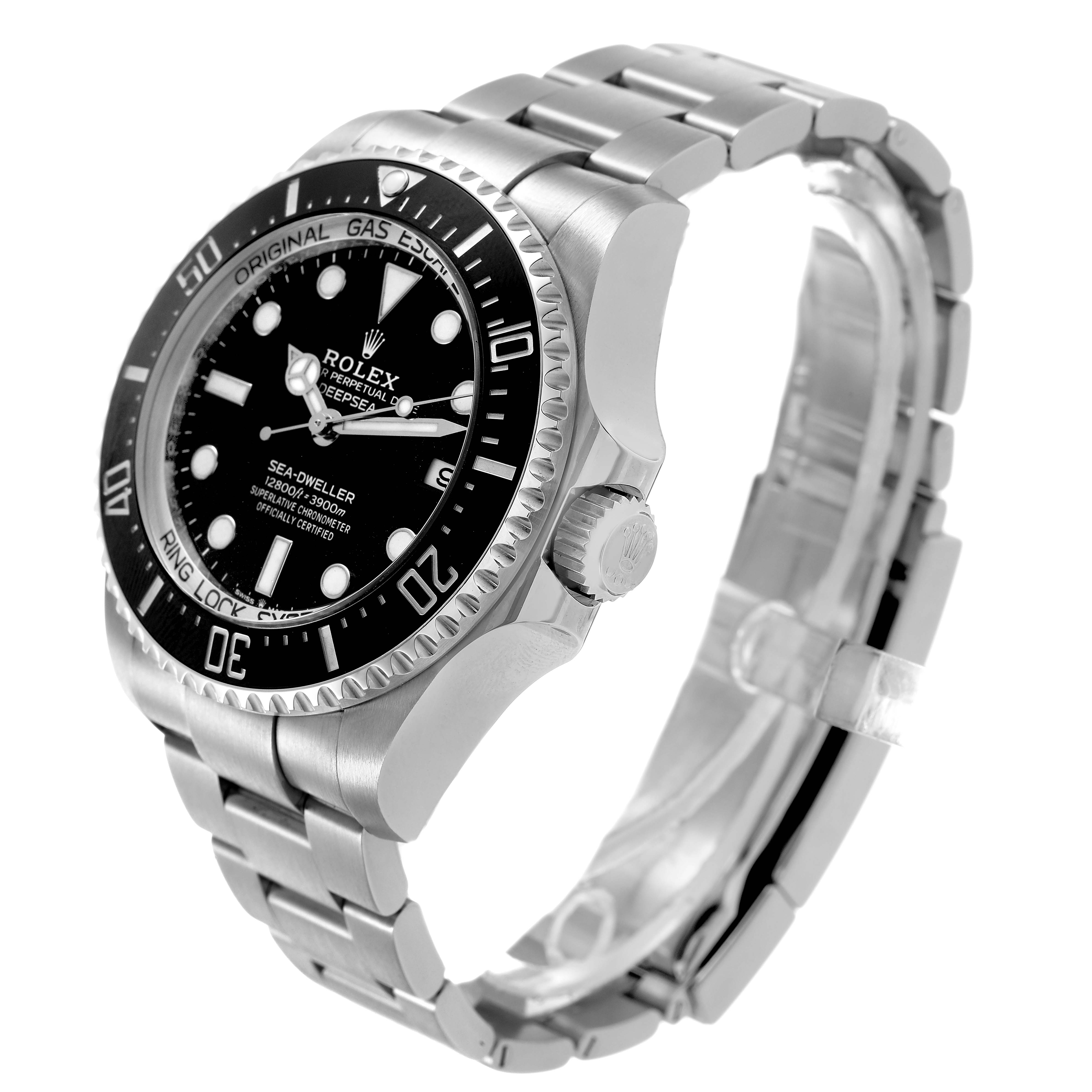 The Rolex Sea-Dweller 136660 Men's Stainless Steel Black Dial watch is shown at an angle highlighting the face, bezel, crown, and bracelet.