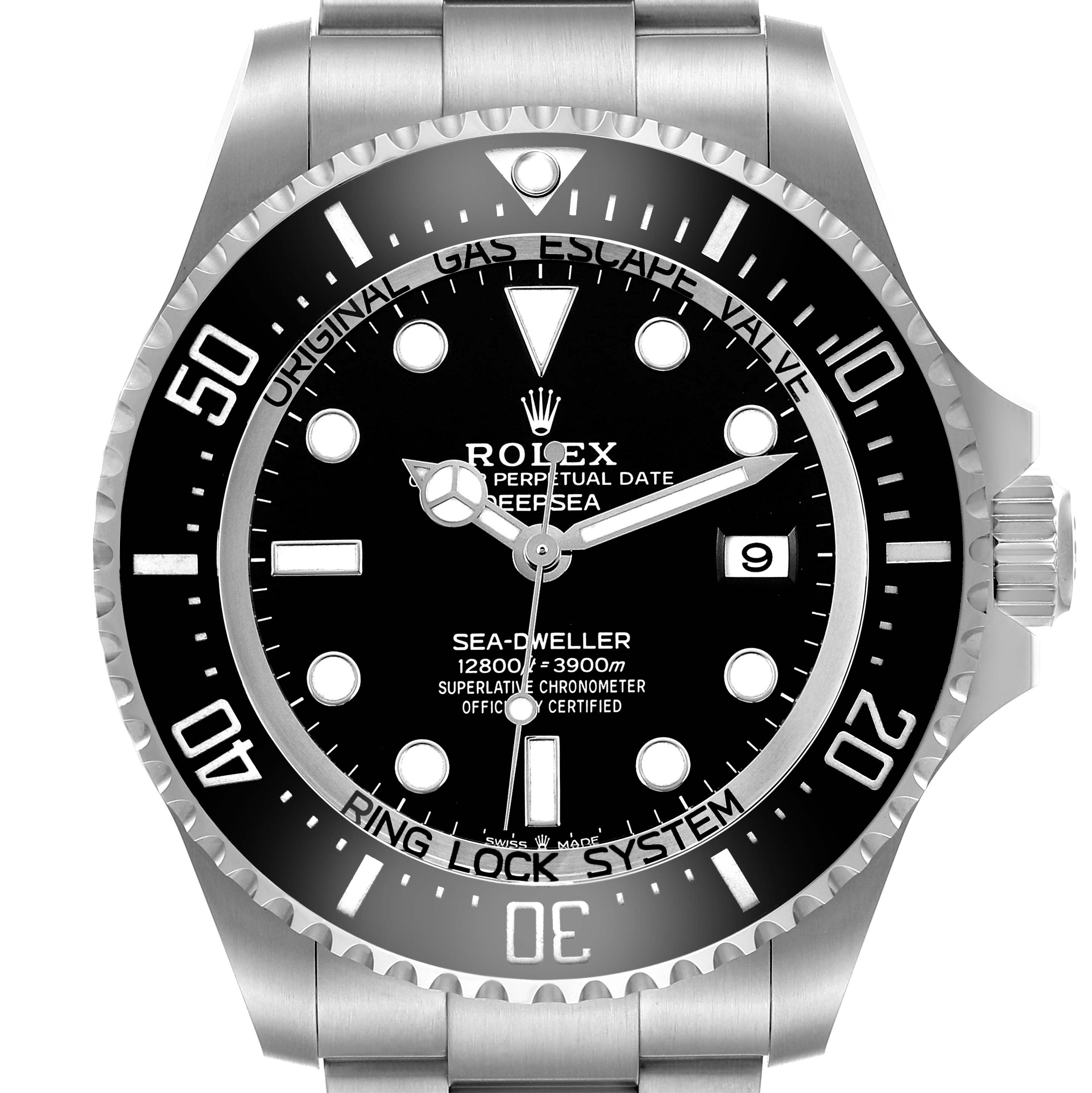 The image shows a front view of the Rolex Sea-Dweller 136660 Men's Stainless Steel Black Dial watch, highlighting the dial, bezel, and part of the bracelet.