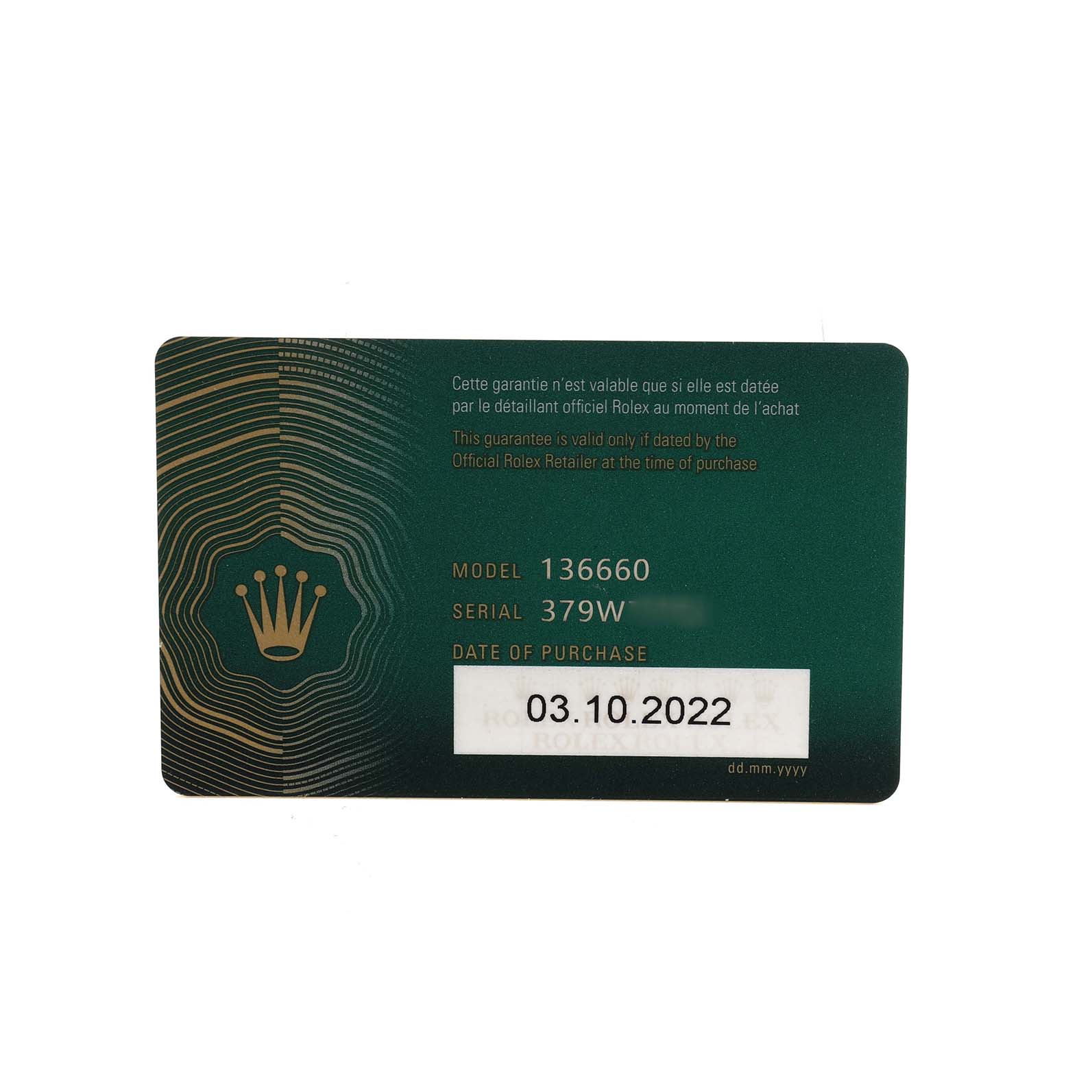 The image shows a Rolex warranty card for the Sea-Dweller model.