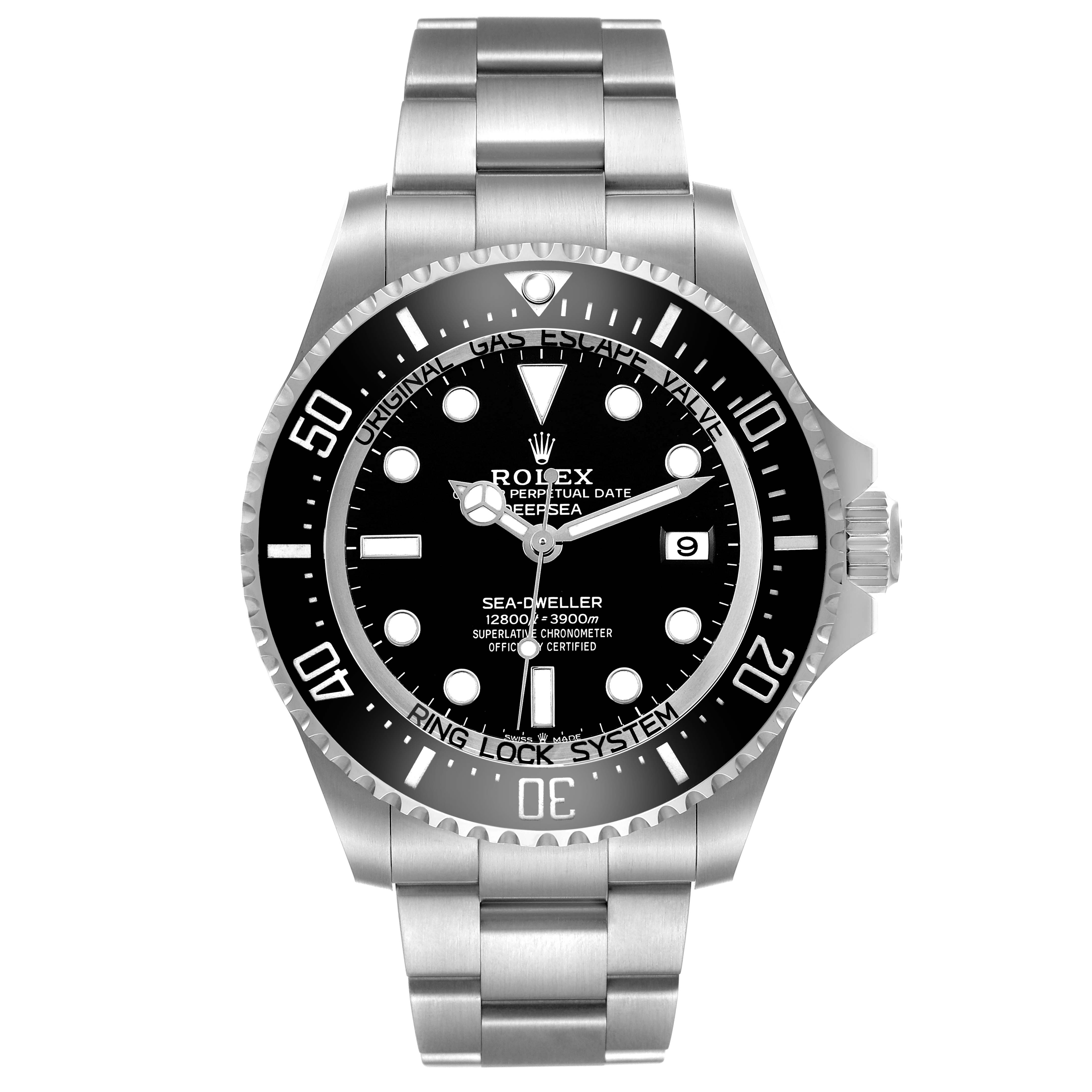 The image shows a front-facing view of the Rolex Sea-Dweller 136660 Men's Stainless Steel Black Dial, highlighting the watch face, bezel, and bracelet.