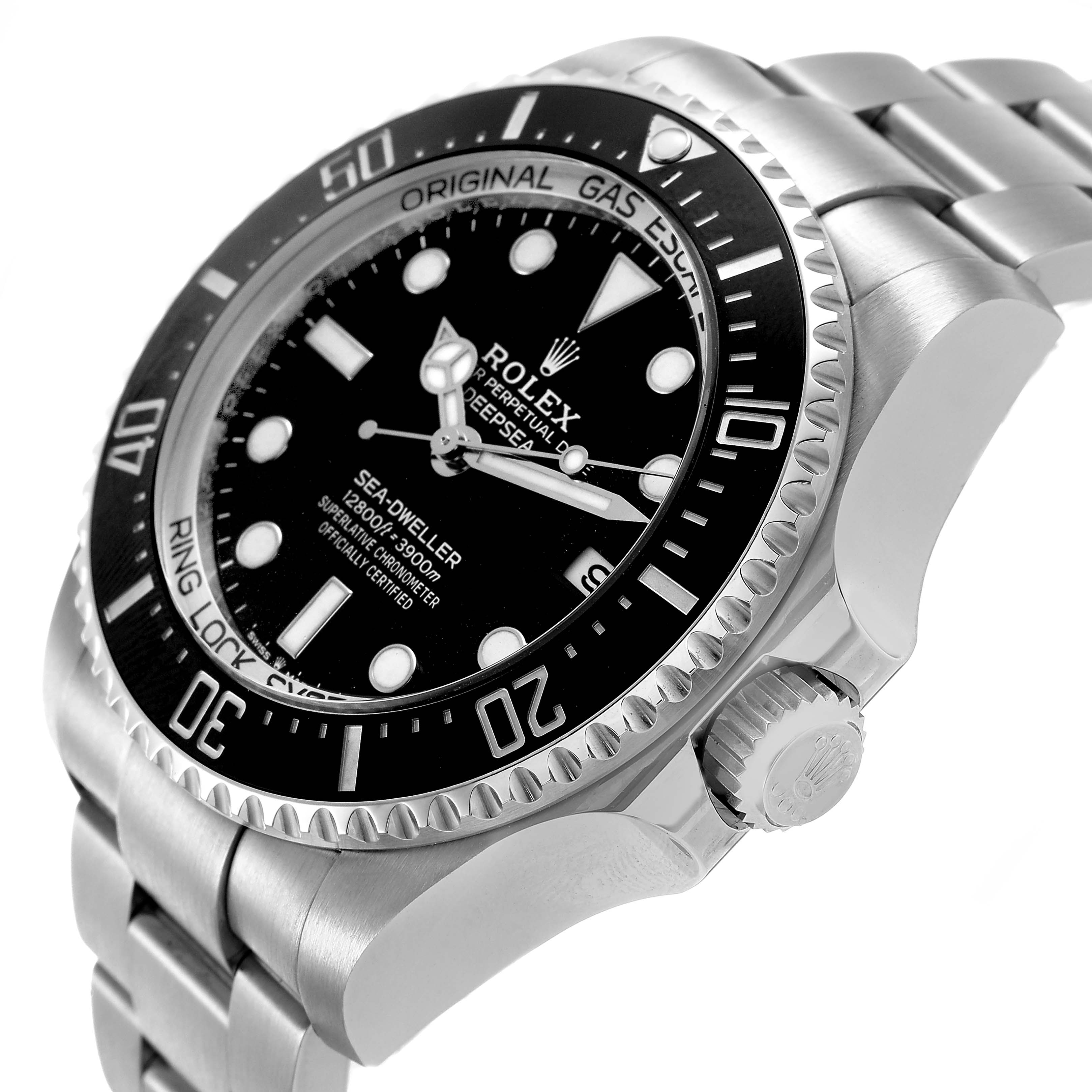 The Rolex Sea-Dweller 136660 Men's Stainless Steel Black Dial watch is shown at an angled view, highlighting the bezel, dial, crown, and part of the bracelet.