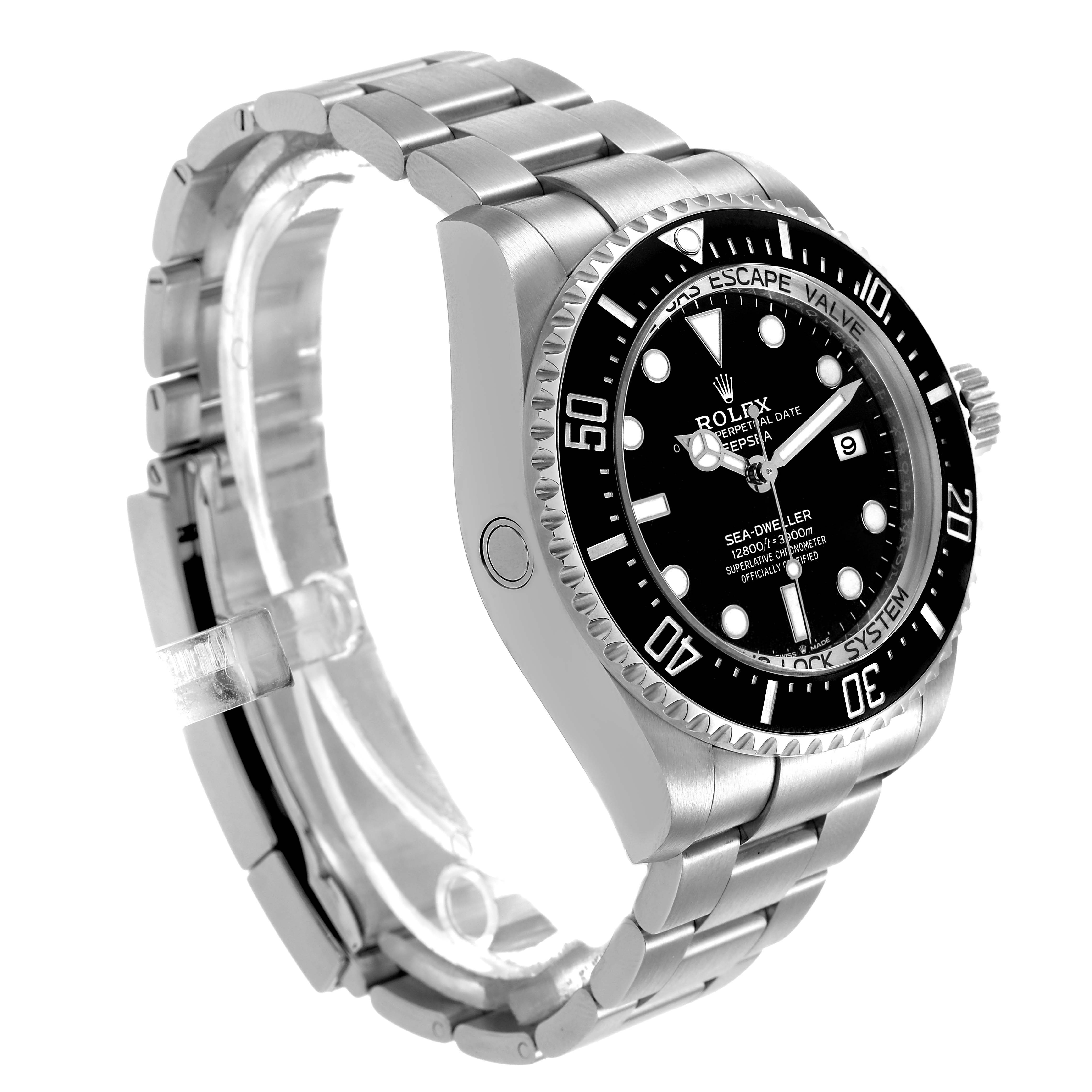 The Rolex Sea-Dweller 136660 Men's Stainless Steel Black Dial is shown at a three-quarter angle, highlighting the face, bezel, and bracelet.
