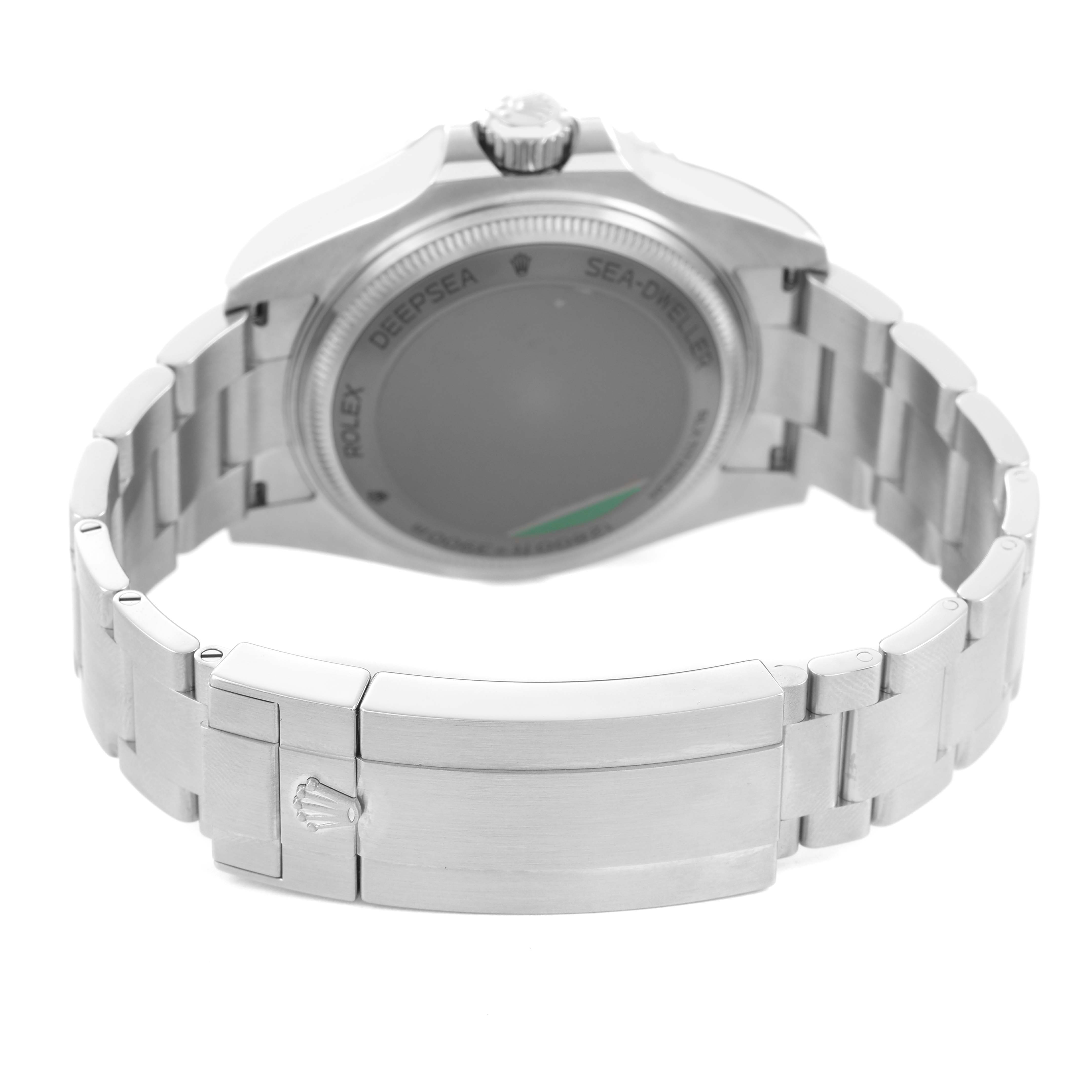 The image shows the back and clasp of a Rolex Sea-Dweller 136660 Men's Stainless Steel Black Dial watch, highlighting the bracelet and caseback.