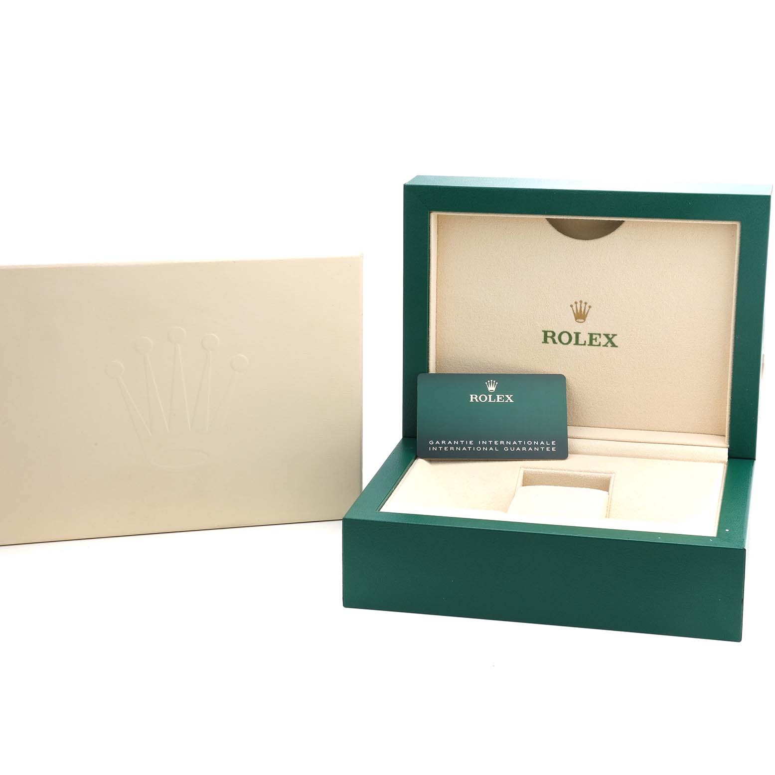 The image shows the packaging of a Rolex Sea-Dweller 136660 Men's Stainless Steel Black Dial watch, including the green box and international guarantee card.