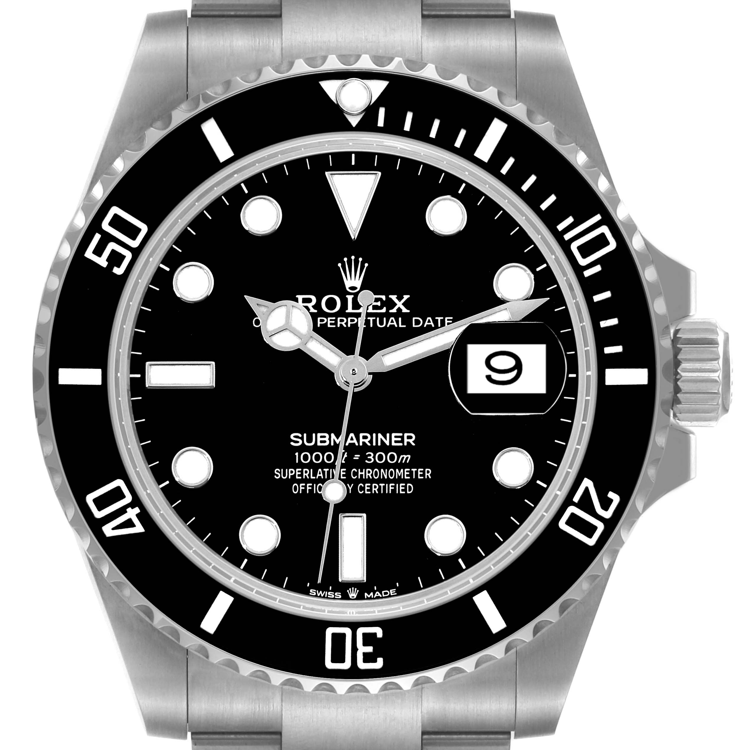The Rolex Submariner 126610 Men
s Stainless Steel Black Dial 126610 Men
s Stainless Steel Black Dial watch is shown from the front, showcasing its dial, bezel, date display, and part of the bracelet.