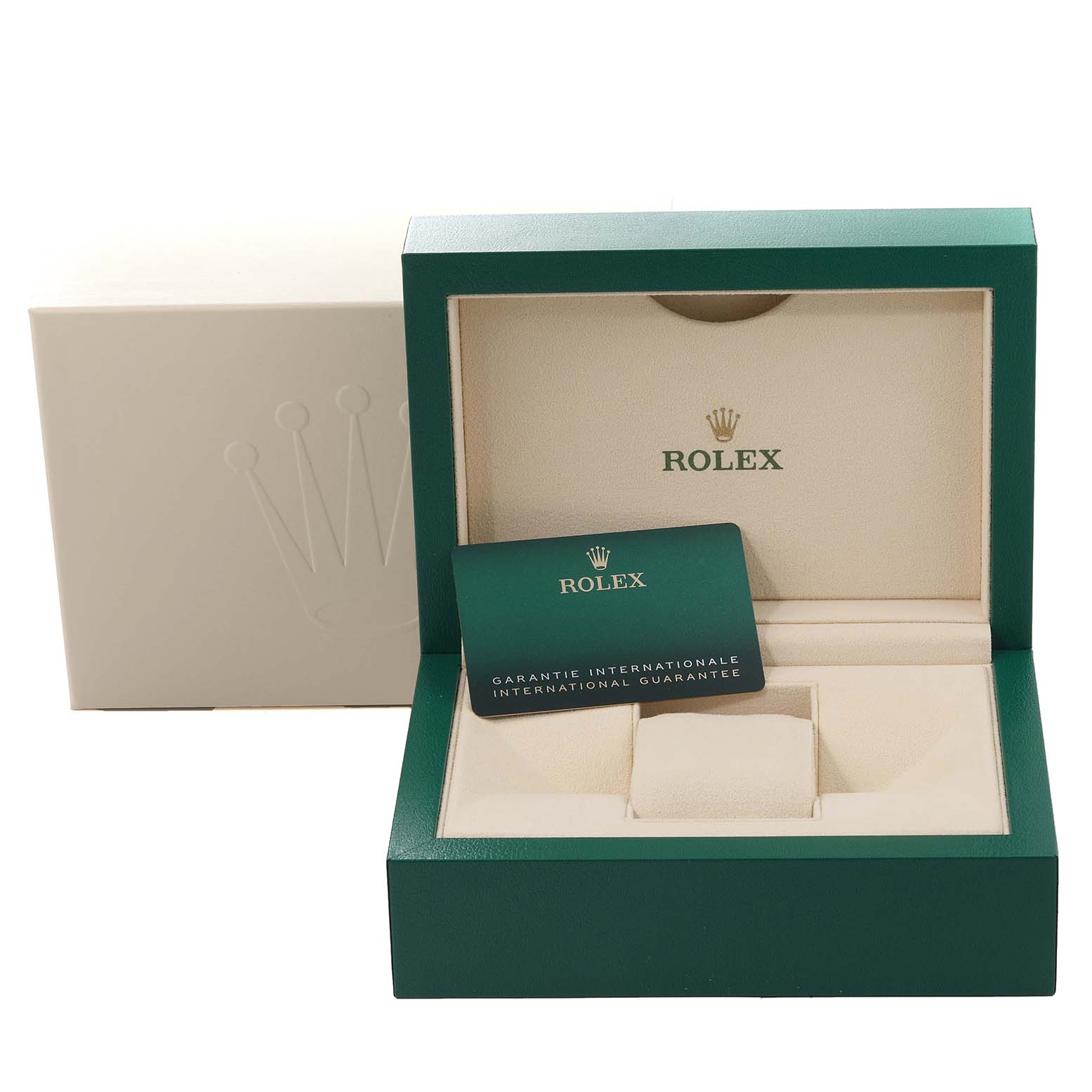 The image shows the box and international guarantee card for a Rolex Submariner 126610 Men
s Stainless Steel Black Dial 126610 Men
s Stainless Steel Black Dial watch, with the box lid open.