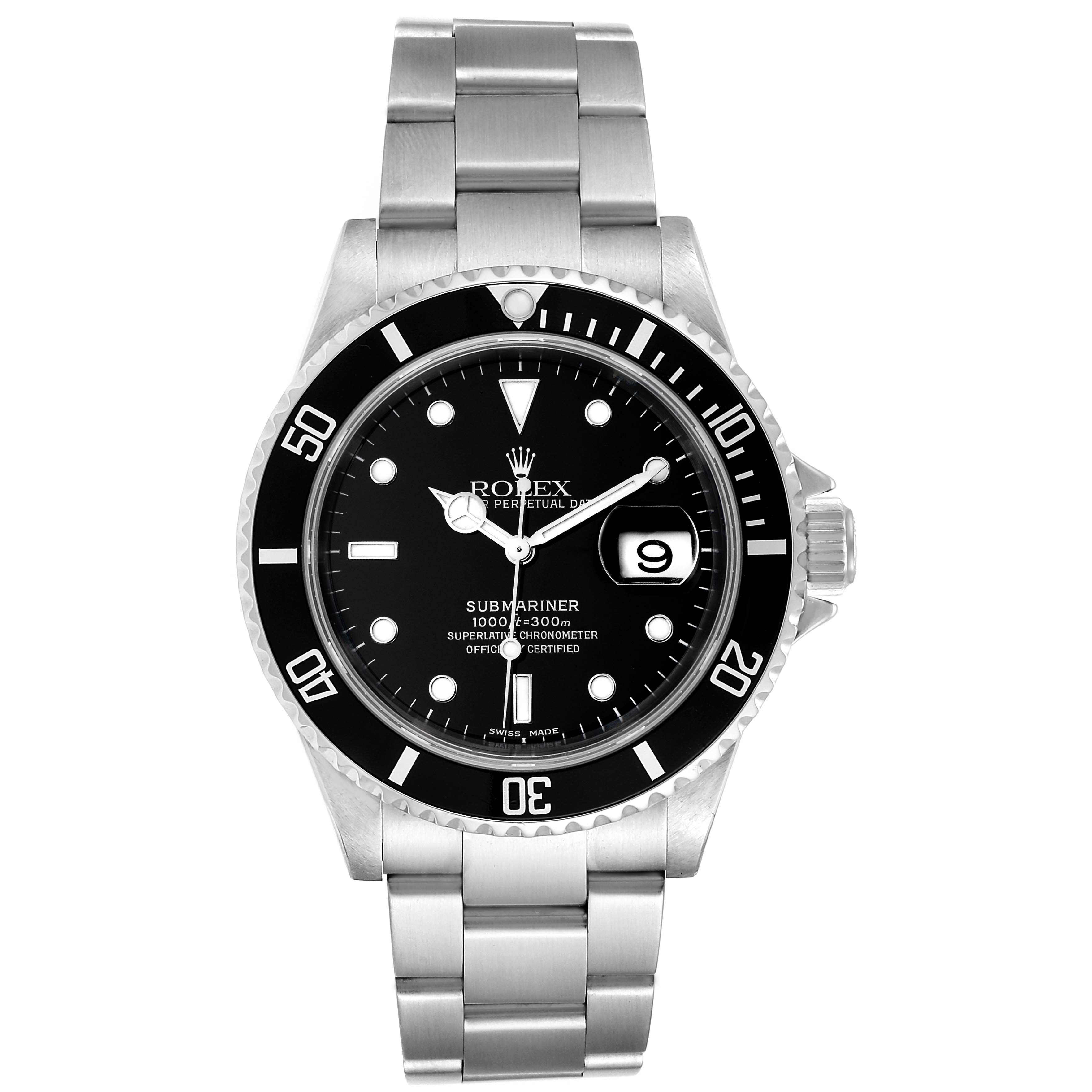 The image shows a Rolex Submariner 16610 Men
s Stainless Steel Black Dial 16610 Men
s Stainless Steel Black Dial watch from a top-down angle, displaying the face, bezel, bracelet, and crown.