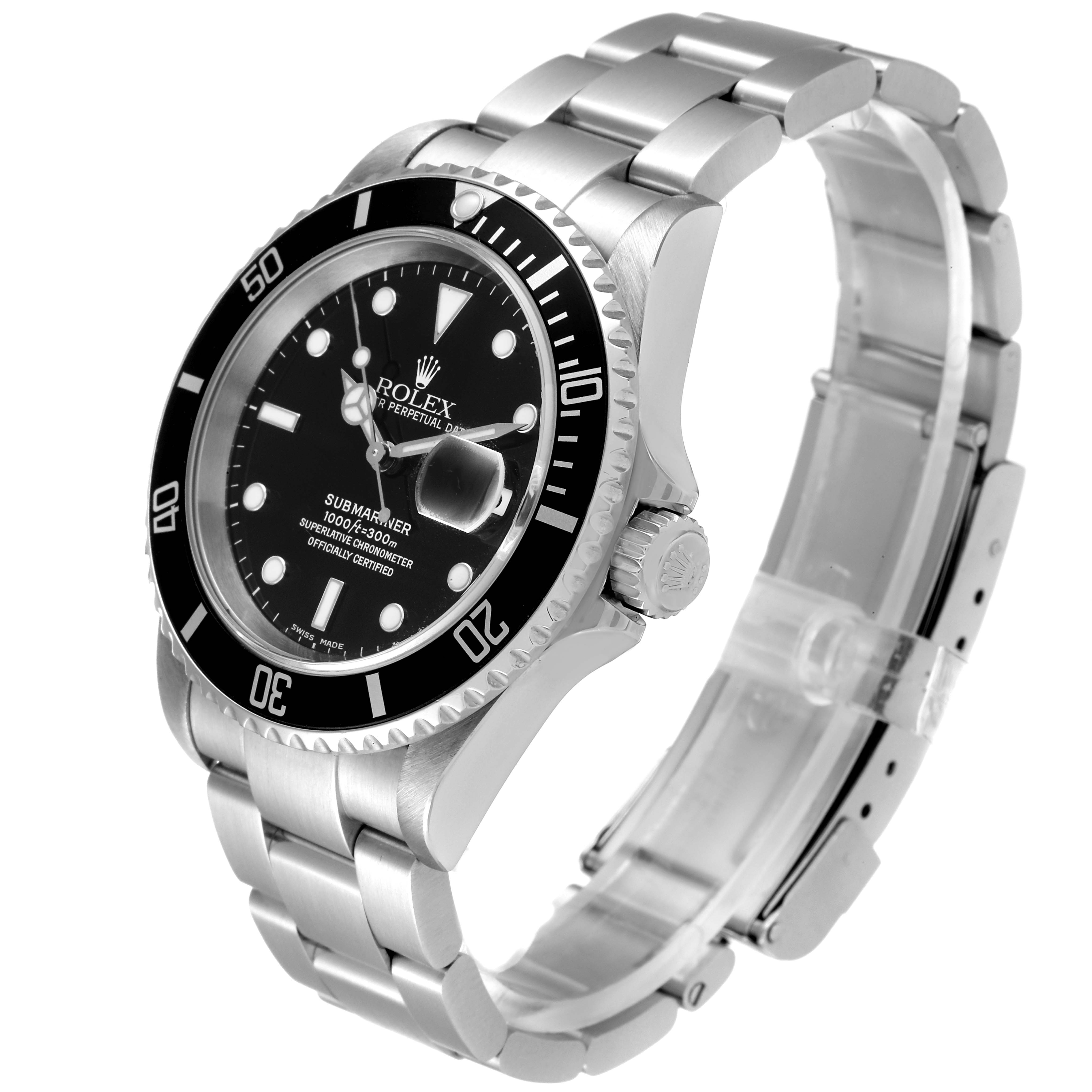 This image shows a Rolex Submariner 16610 Men
s Stainless Steel Black Dial 16610 Men
s Stainless Steel Black Dial watch angled to display its face, bezel, crown, and bracelet.