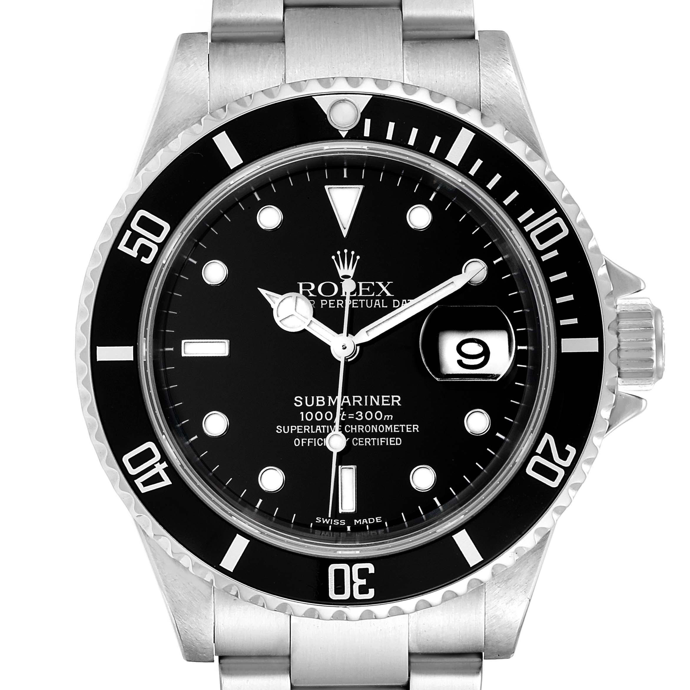 The image shows a front view of a Rolex Submariner 16610 Men
s Stainless Steel Black Dial 16610 Men
s Stainless Steel Black Dial watch, displaying the dial, bezel, hour markers, hands, and date window.