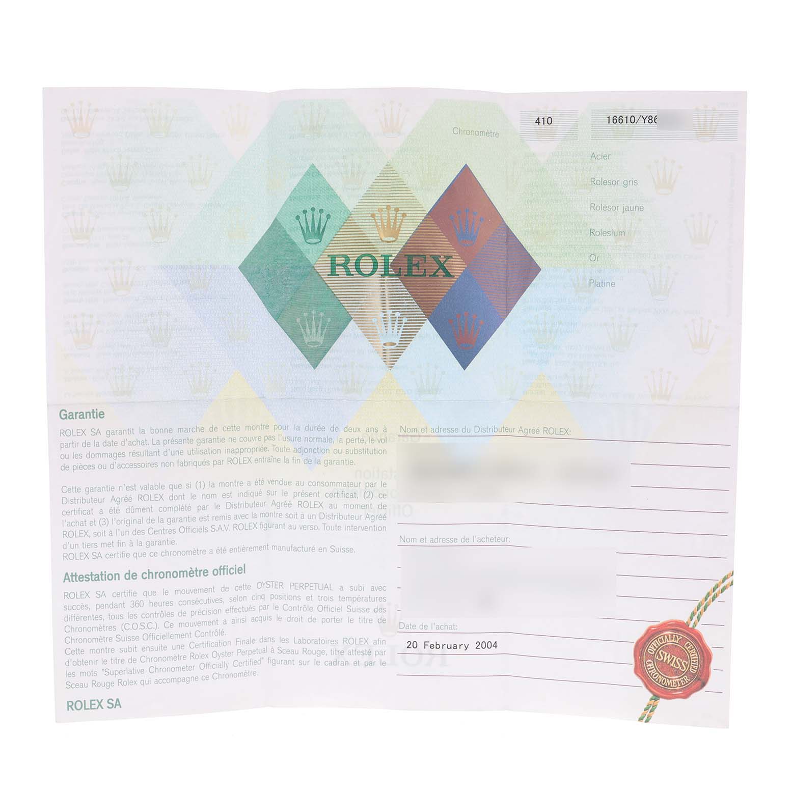 This is the warranty card for a Rolex Submariner 16610 Men
s Stainless Steel Black Dial 16610 Men
s Stainless Steel Black Dial watch, showing details related to the purchase and Best Quality
ity.