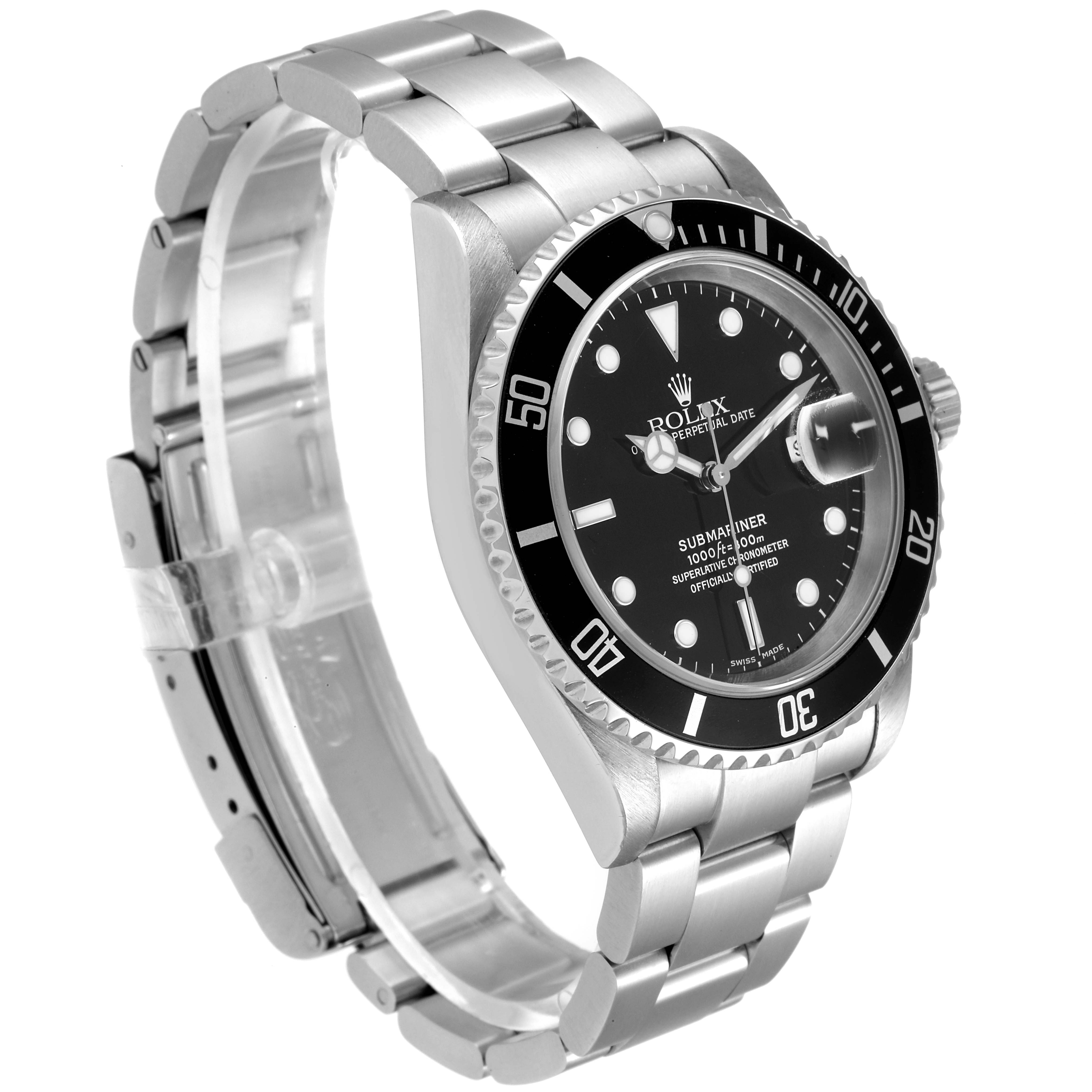 This image shows a Rolex Submariner 16610 Men
s Stainless Steel Black Dial 16610 Men
s Stainless Steel Black Dial watch angled from the front-left, displaying its face, bezel, crown, and bracelet.