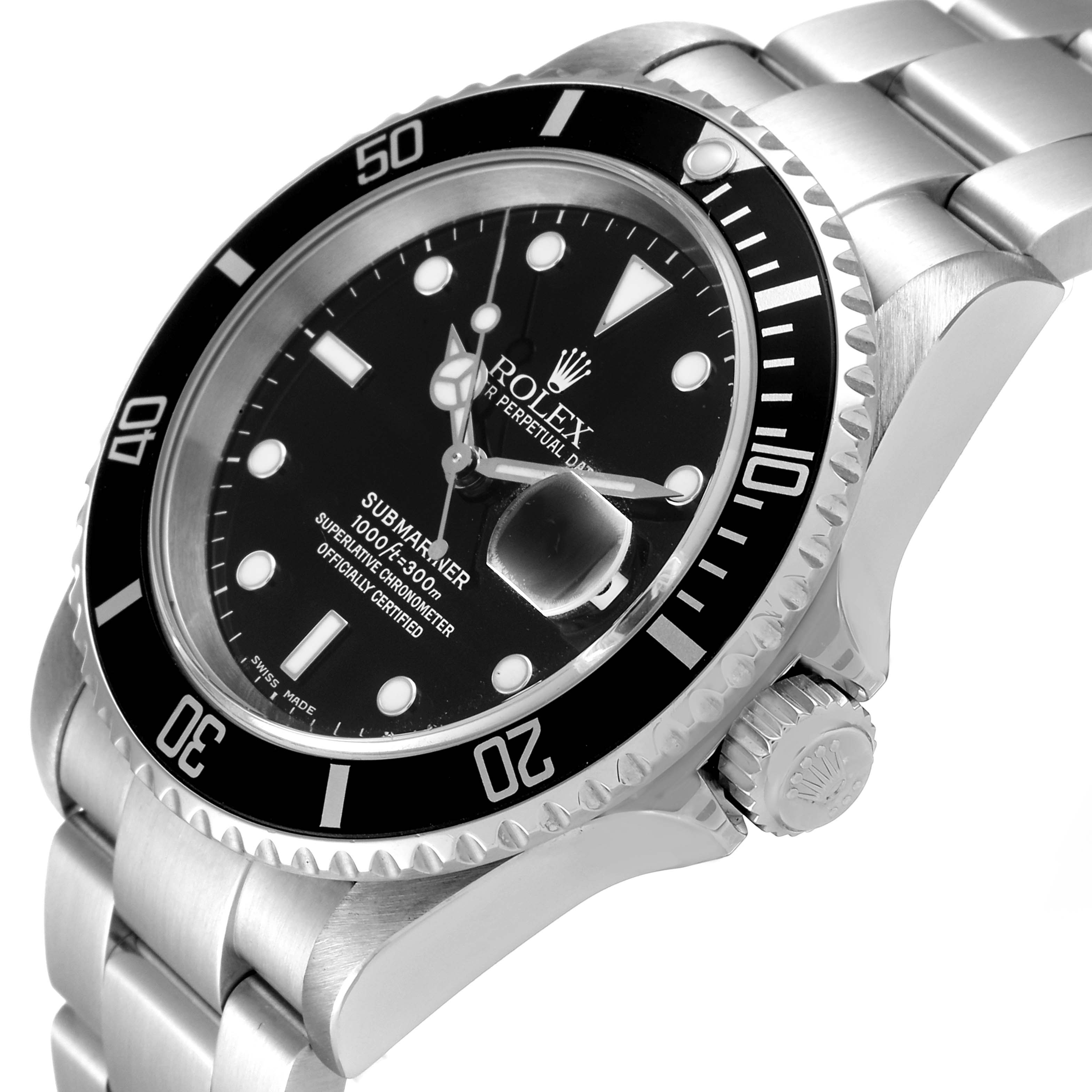This image shows a Rolex Submariner 16610 Men
s Stainless Steel Black Dial 16610 Men
s Stainless Steel Black Dial watch from a slightly tilted side angle, highlighting the bezel, dial, and part of the bracelet.
