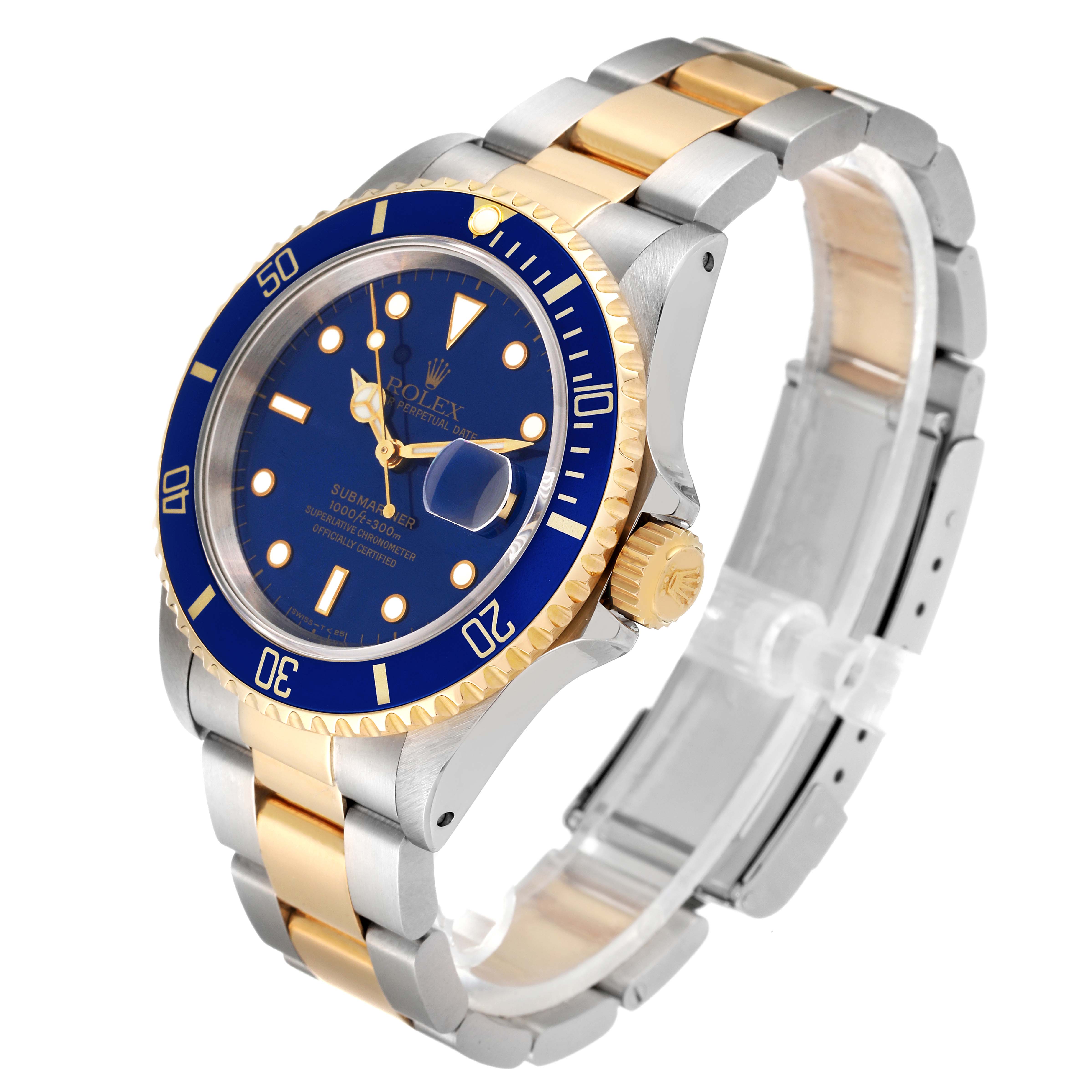 The Rolex Submariner 16613 Men
s Steel and Gold (two tone) Blue Dial 16613 Men
s Steel and Gold (two tone) Blue Dial watch is shown at a 3/4 angle, displaying its blue dial, bezel, and two-tone bracelet.