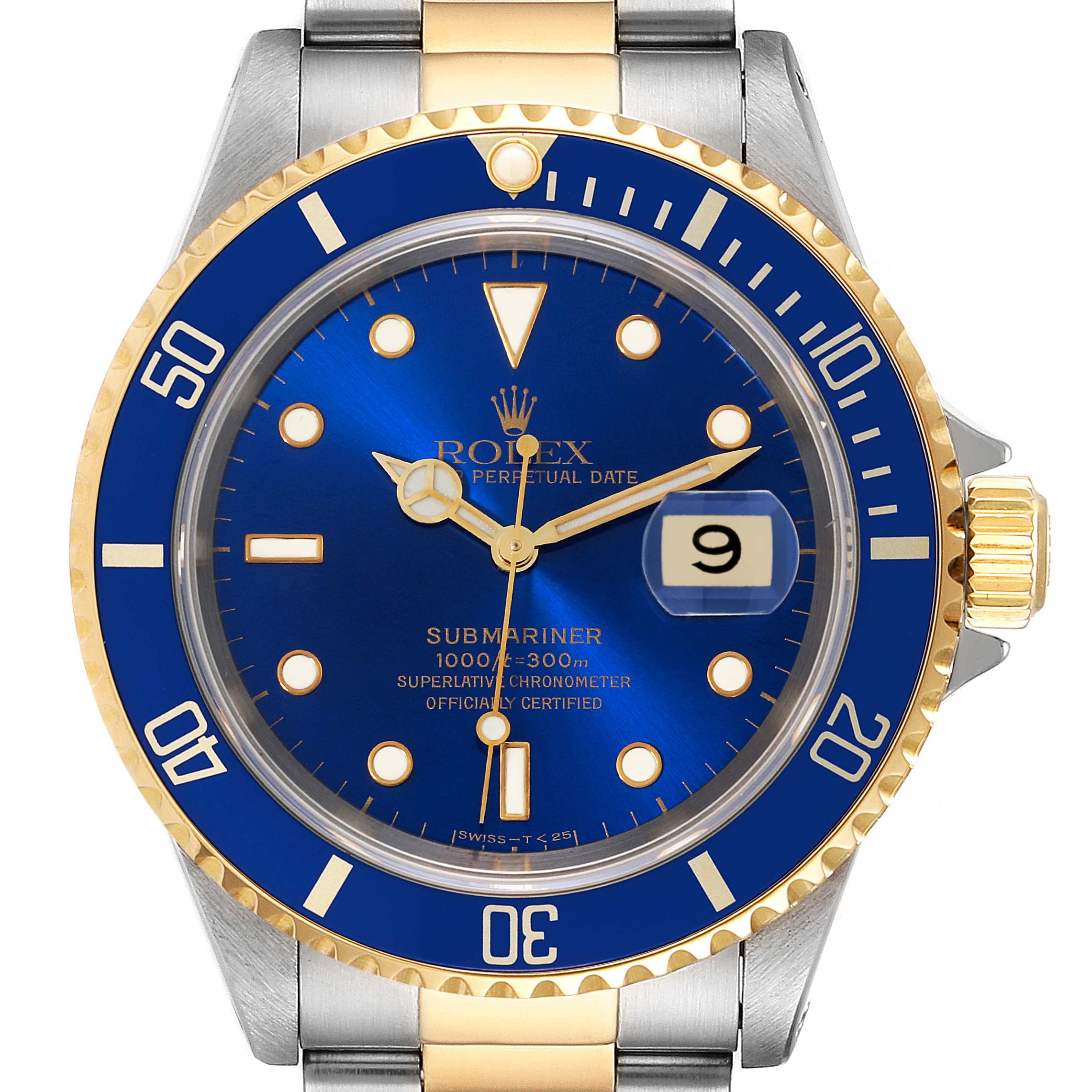 The image shows a front view of the Rolex Submariner 16613 Men
s Steel and Gold (two tone) Blue Dial 16613 Men
s Steel and Gold (two tone) Blue Dial watch, highlighting its blue dial, two-tone bracelet, and date display.