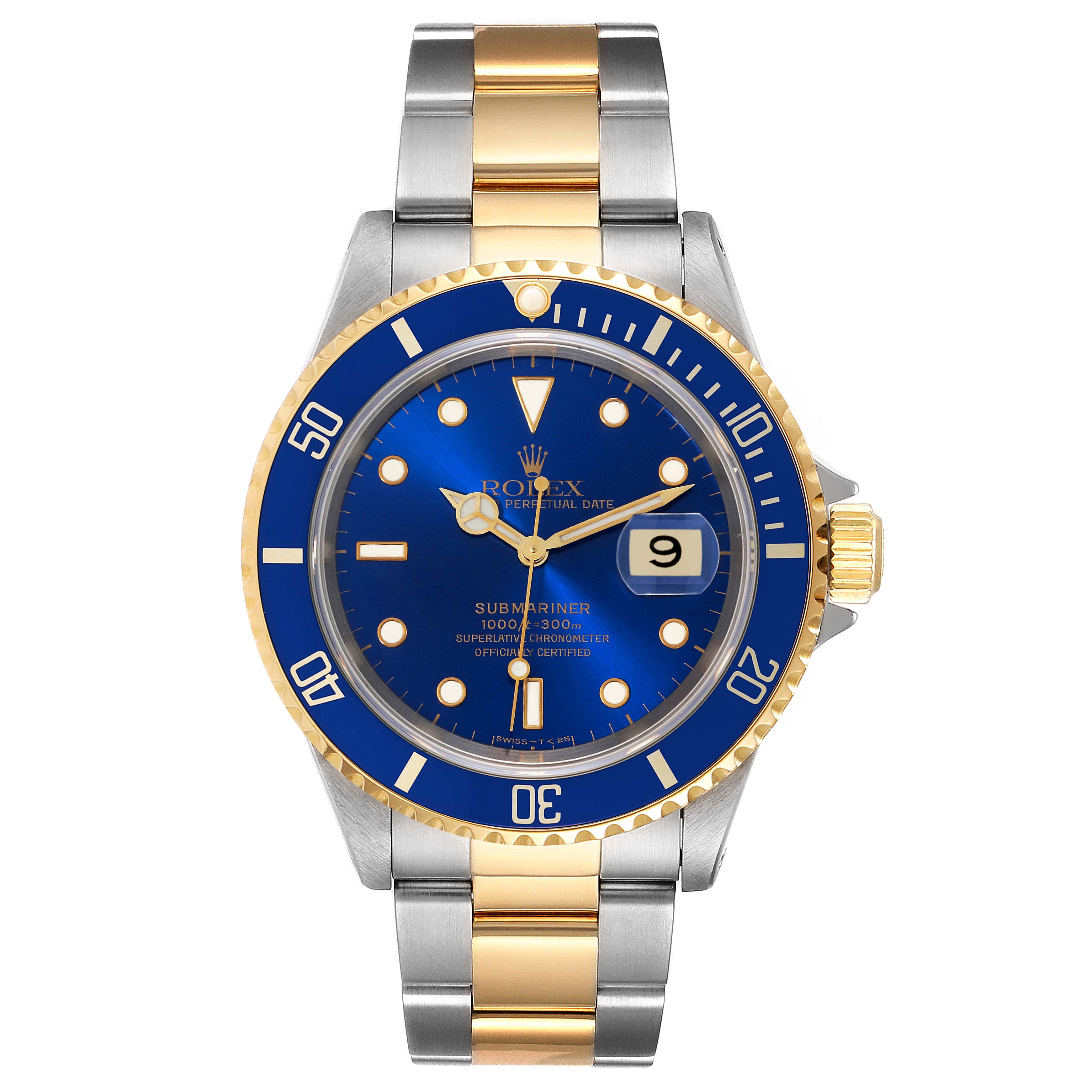 The image shows a frontal view of the Rolex Submariner 16613 Men
s Steel and Gold (two tone) Blue Dial 16613 Men
s Steel and Gold (two tone) Blue Dial watch, highlighting its blue dial, bezel, and two-tone metal bracelet.